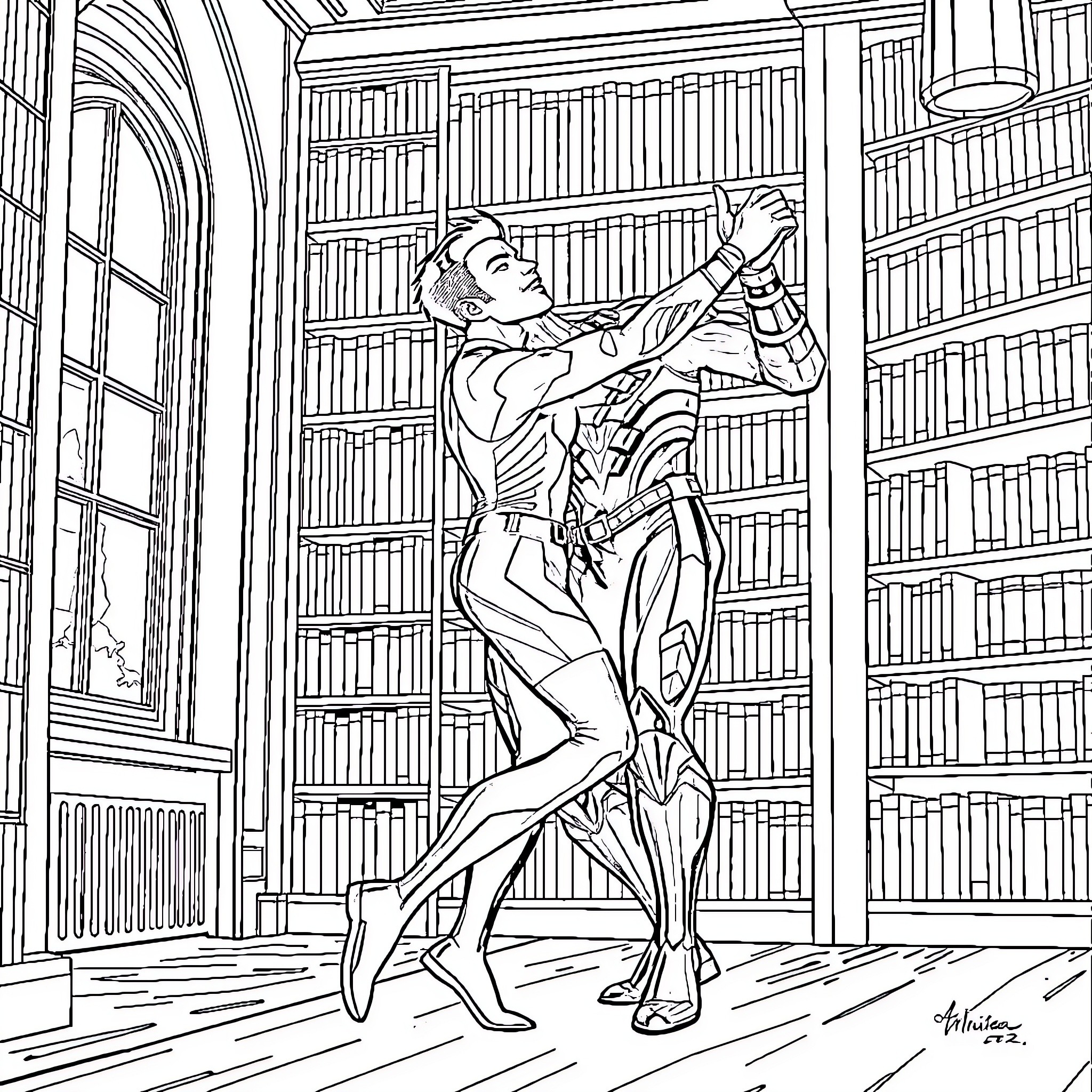 Miles Morales discovers an ancient book in the library Coloring Page (free black-and-white line drawing printable PDF for all, from beginners to advanced learners, including children, teens, adults, and seniors)