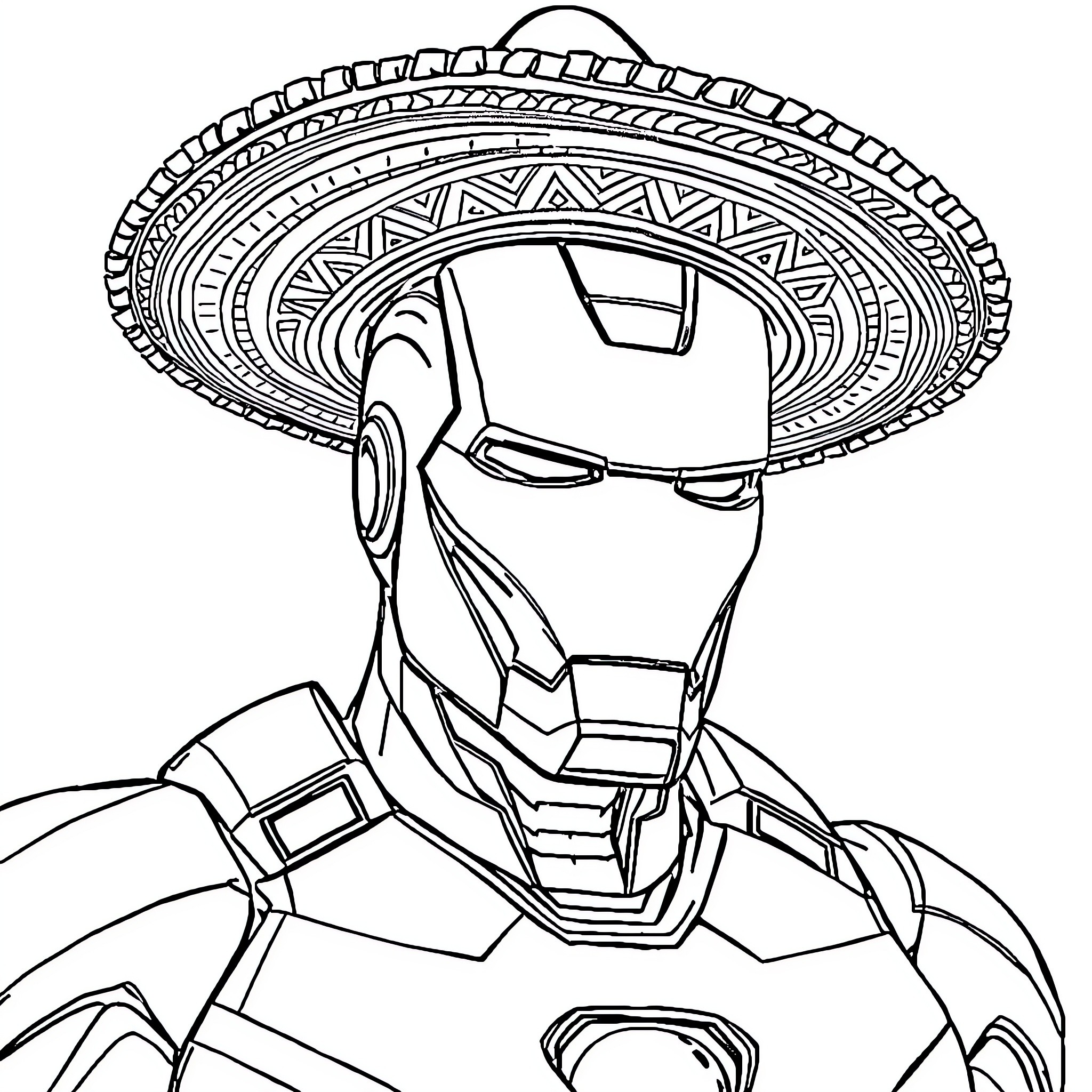 Iron Man wearing a Sombrero in Action Coloring Page (free black-and-white line drawing printable PDF for all, from beginners to advanced learners, including children, teens, adults, and seniors)