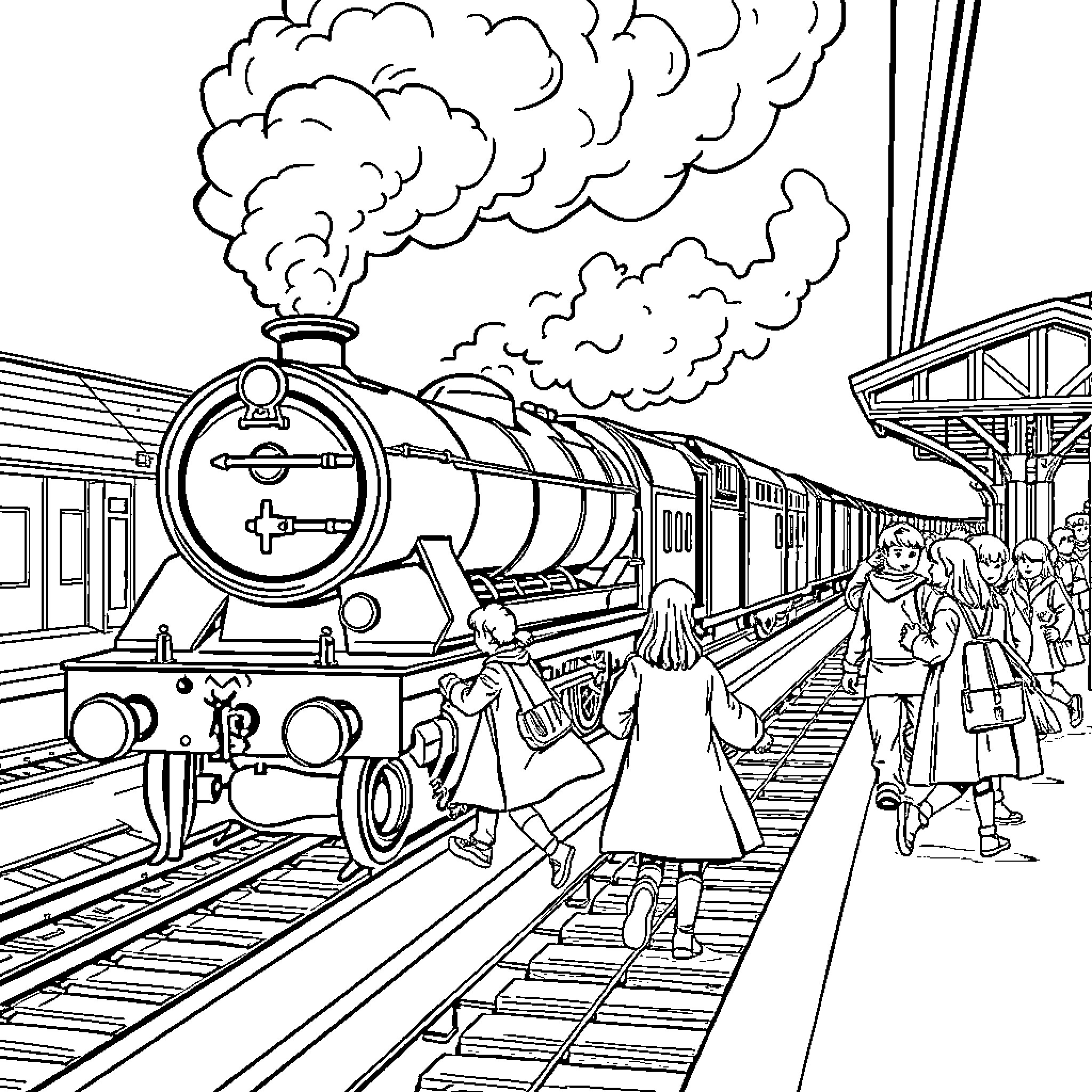 Hogwarts Express departing with passengers aboard Coloring Page (free black-and-white line drawing printable PDF for all, from beginners to advanced learners, including children, teens, adults, and seniors)