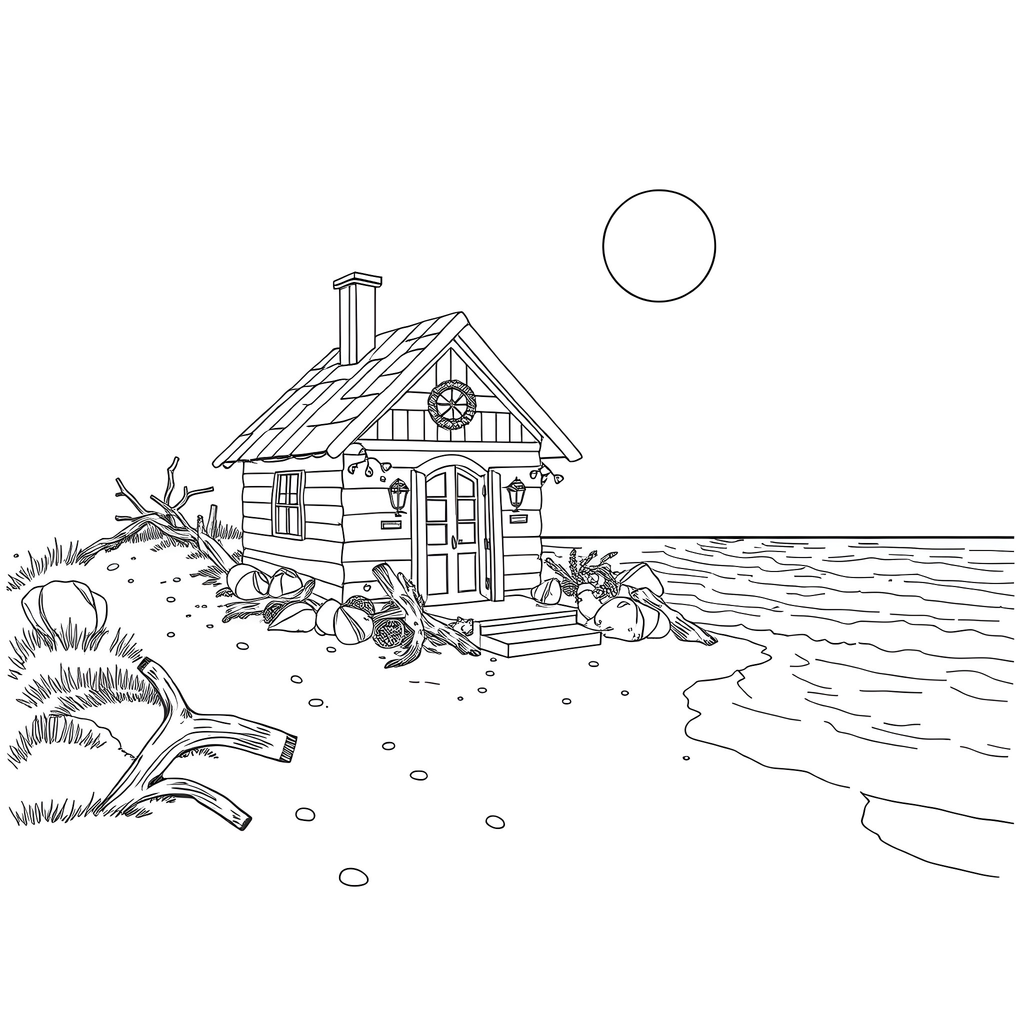 House by the beach with cats and nature Coloring Page (free black-and-white line drawing printable PDF for all, from beginners to advanced learners, including children, teens, adults, and seniors)