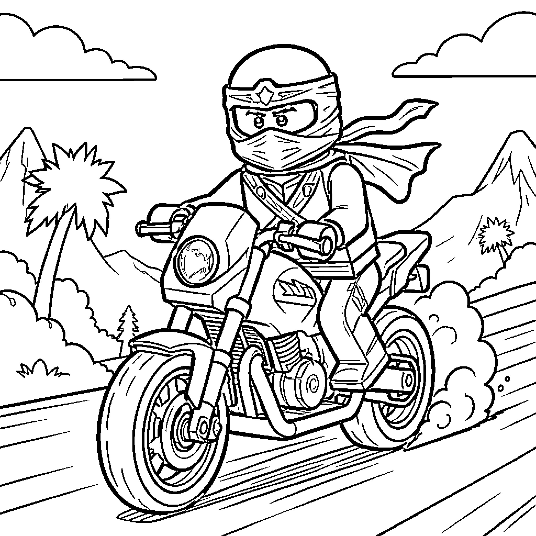 Lego Ninja riding a motorcycle through a tropical landscape Coloring Page (free black-and-white line drawing printable PDF for all, from beginners to advanced learners, including children, teens, adults, and seniors)