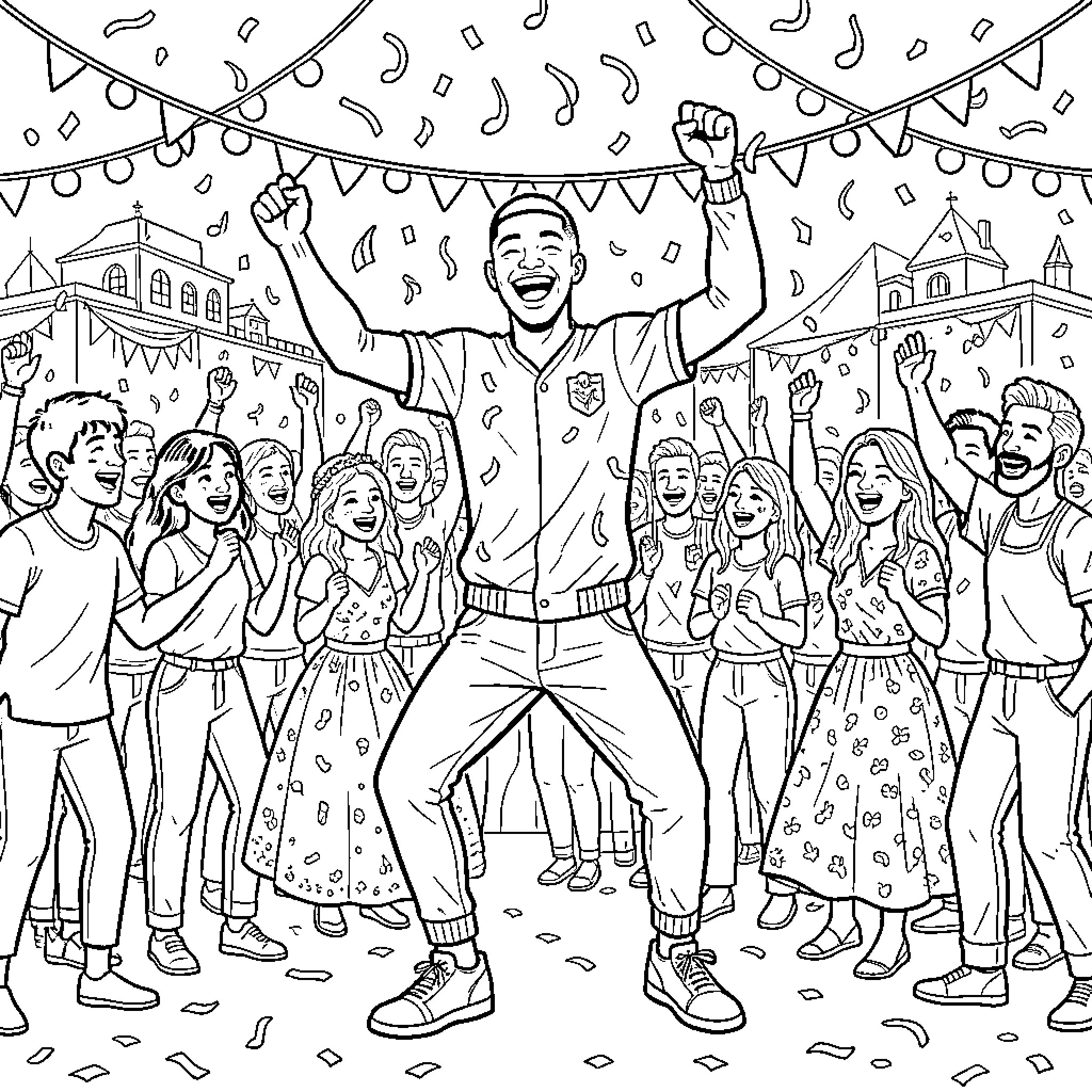 Mbappe celebrating joyfully with a cheering crowd Coloring Page (free black-and-white line drawing printable PDF for all, from beginners to advanced learners, including children, teens, adults, and seniors)