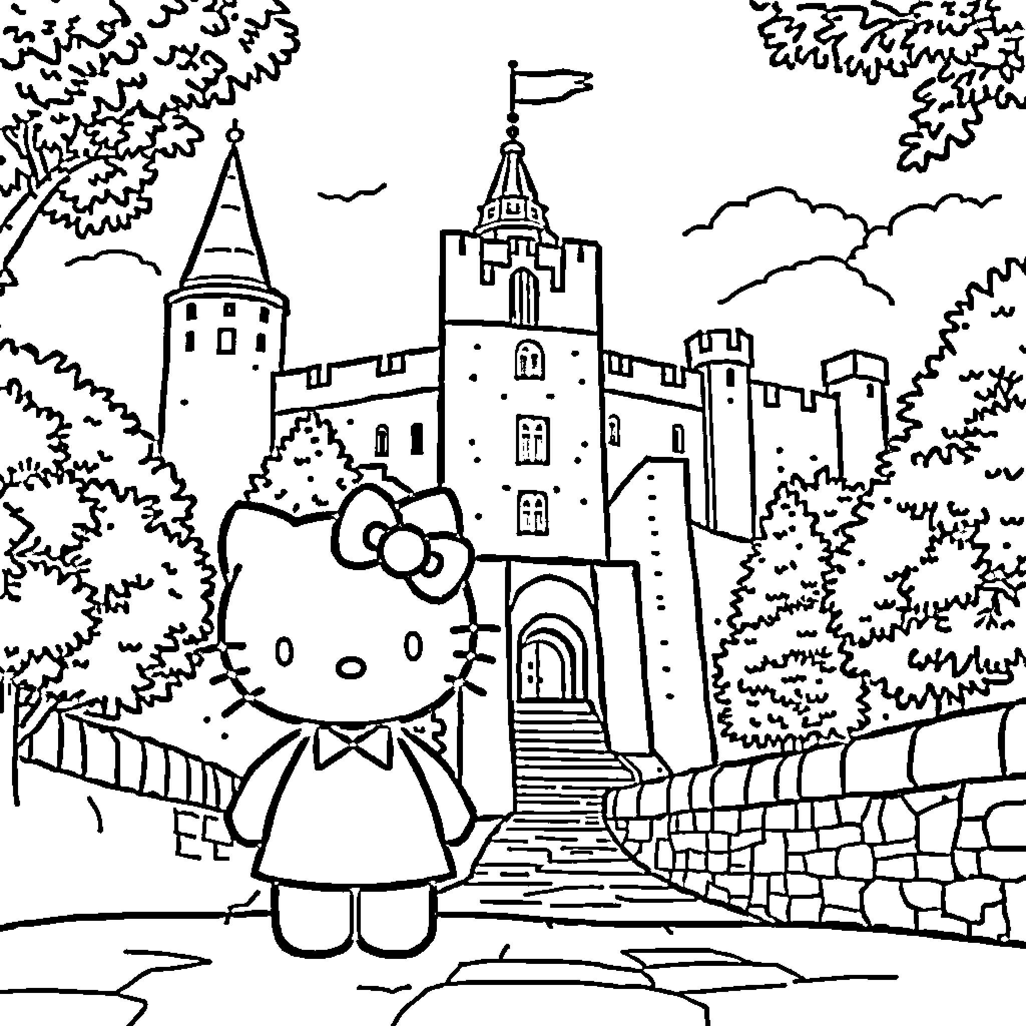 Hello Kitty at the Enchanting Castle Coloring Page (free black-and-white line drawing printable PDF for all, from beginners to advanced learners, including children, teens, adults, and seniors)