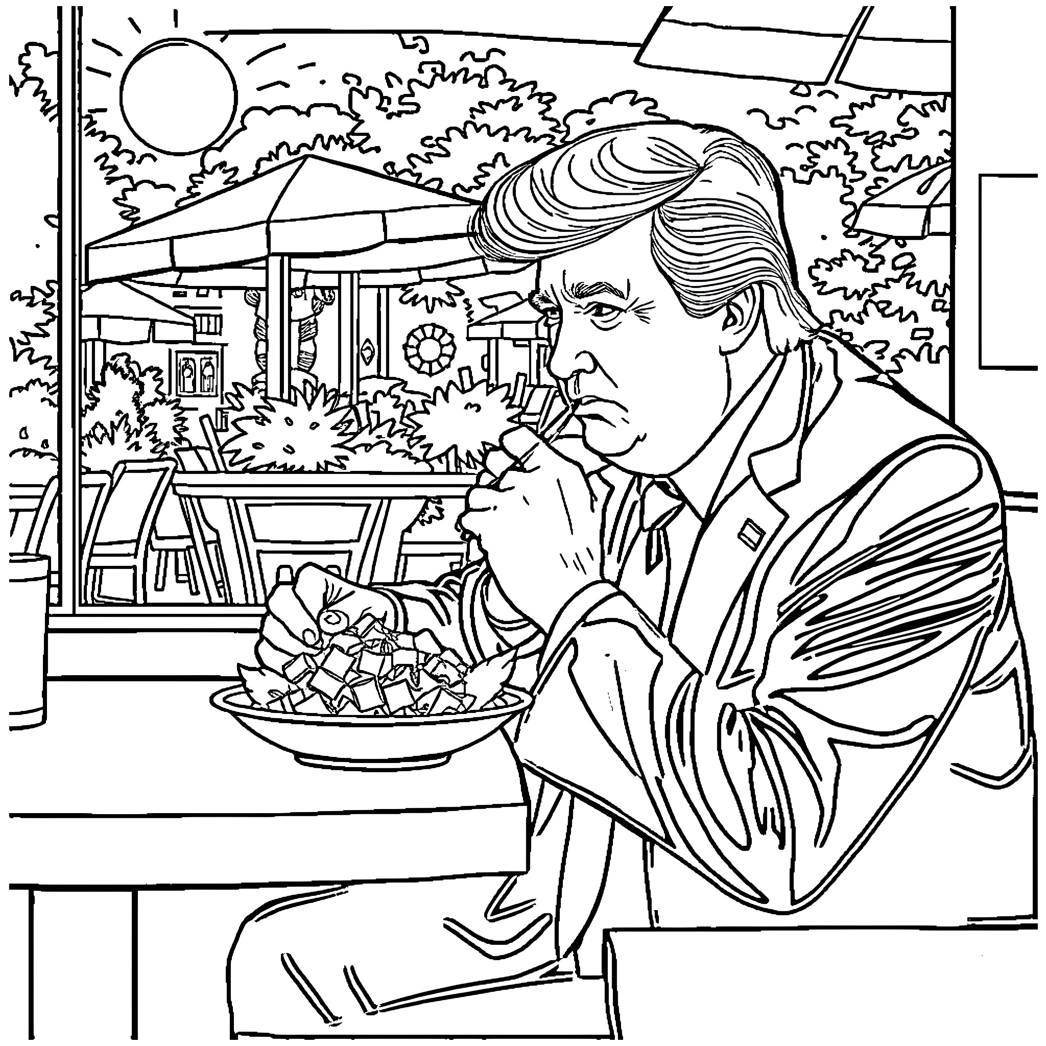 Donald Trump enjoying outdoor market in thoughtful pose Coloring Page (free black-and-white line drawing printable PDF for all, from beginners to advanced learners, including children, teens, adults, and seniors)