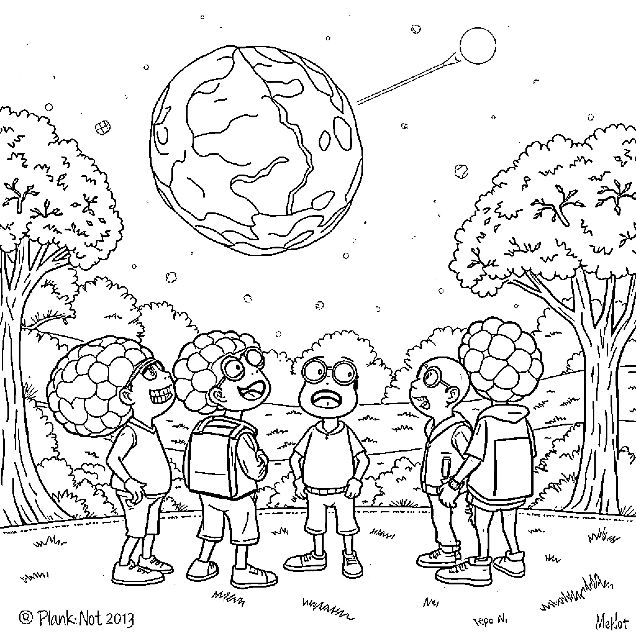 Brainrot: Alien Brains Venture Under the Starry Sky Coloring Page (free black-and-white line drawing printable PDF for all, from beginners to advanced learners, including children, teens, adults, and seniors)