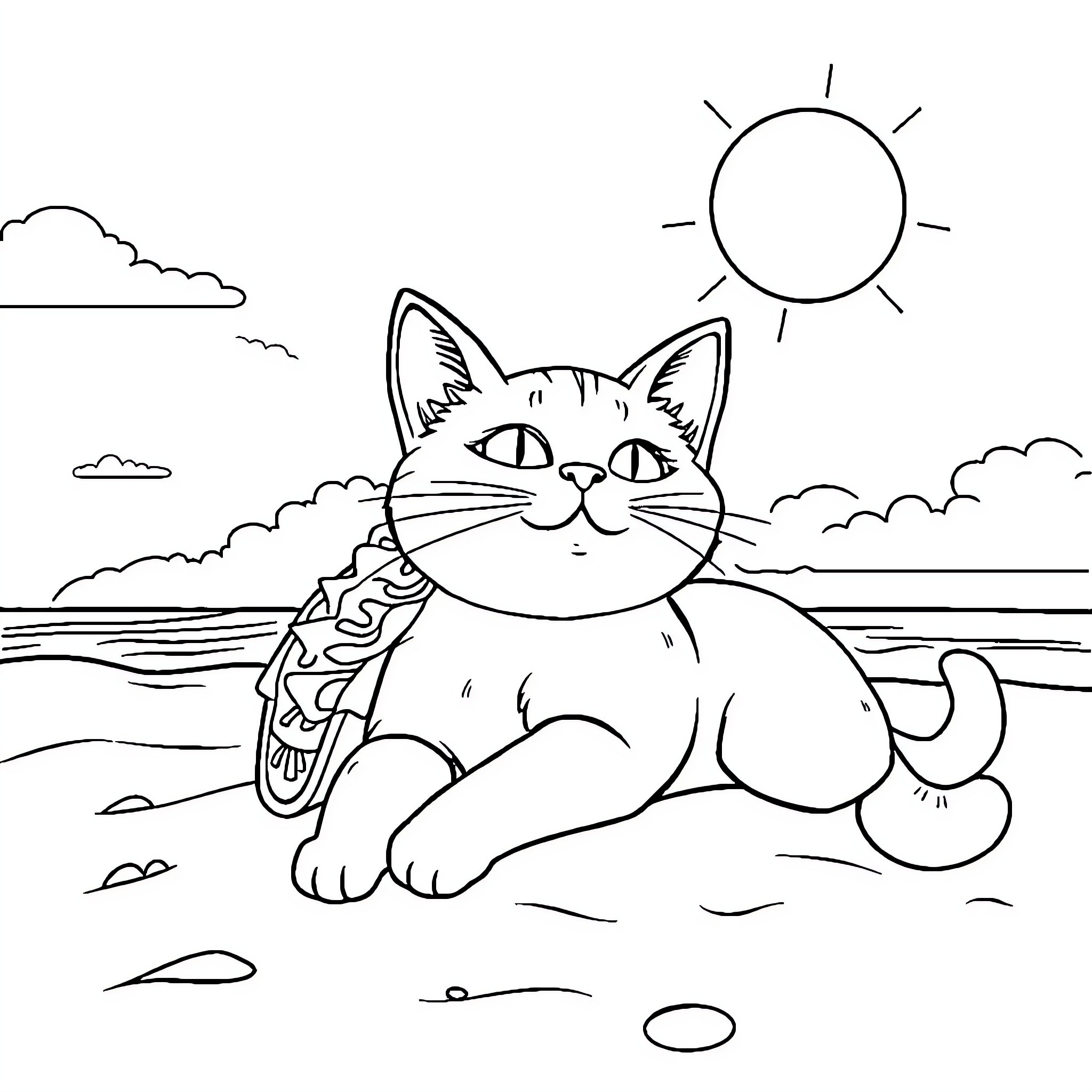Cat relaxing on the beach Coloring Page (free black-and-white line drawing printable PDF for all, from beginners to advanced learners, including children, teens, adults, and seniors)
