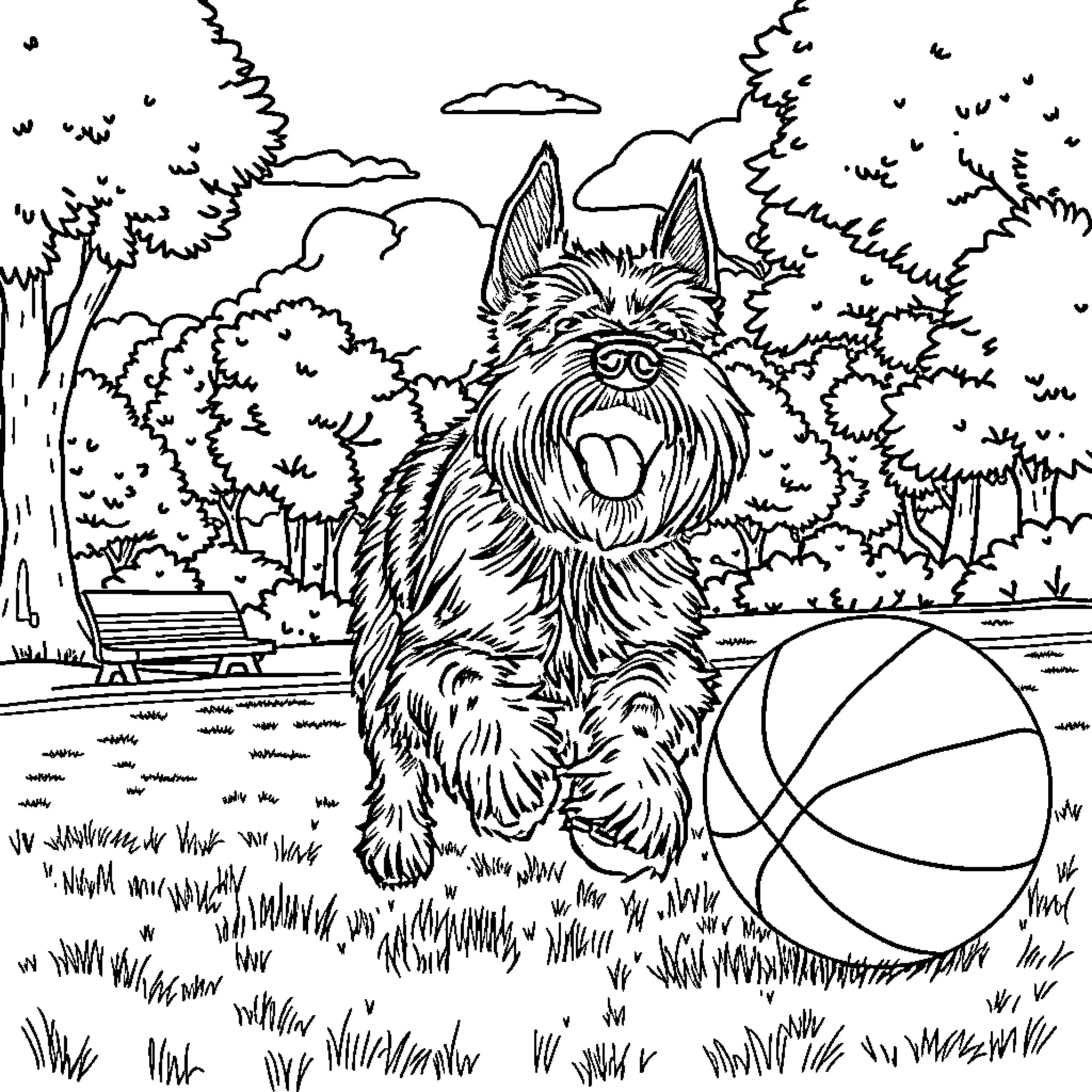 Schnauzer playing happily with ball in scenic park Coloring Page (free black-and-white line drawing printable PDF for all, from beginners to advanced learners, including children, teens, adults, and seniors)