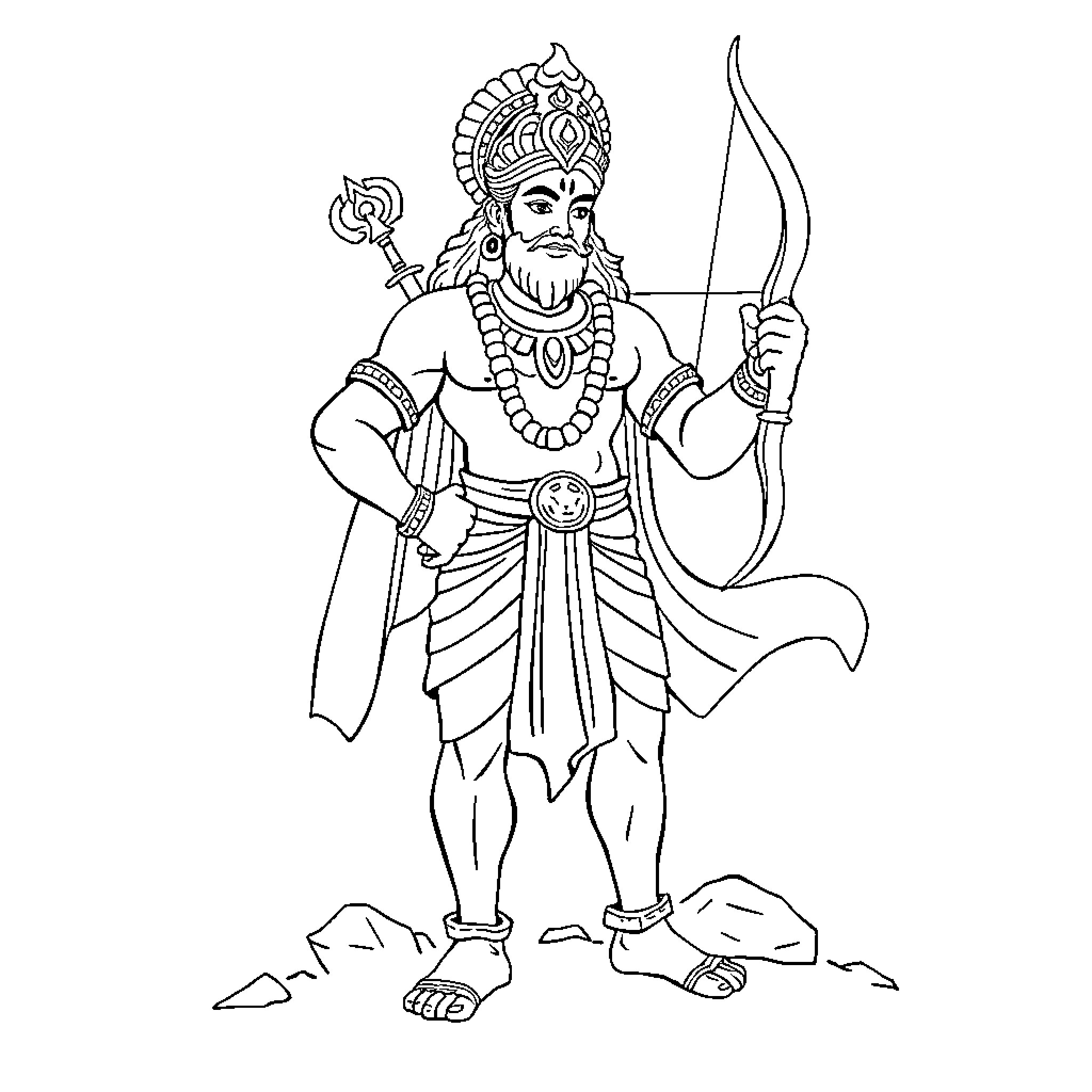 Lord Ram standing with bow and arrow in ritual attire Coloring Page (free black-and-white line drawing printable PDF for all, from beginners to advanced learners, including children, teens, adults, and seniors)