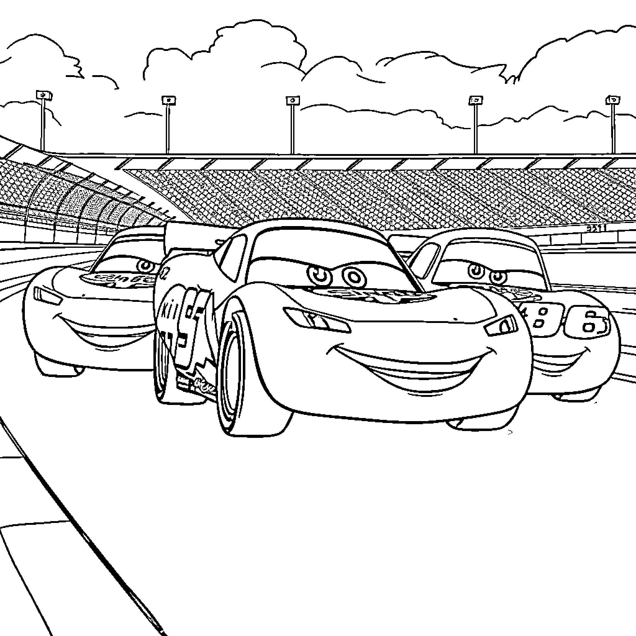 Race Car Characters Compete on Race Track Coloring Page (free black-and-white line drawing printable PDF for all, from beginners to advanced learners, including children, teens, adults, and seniors)