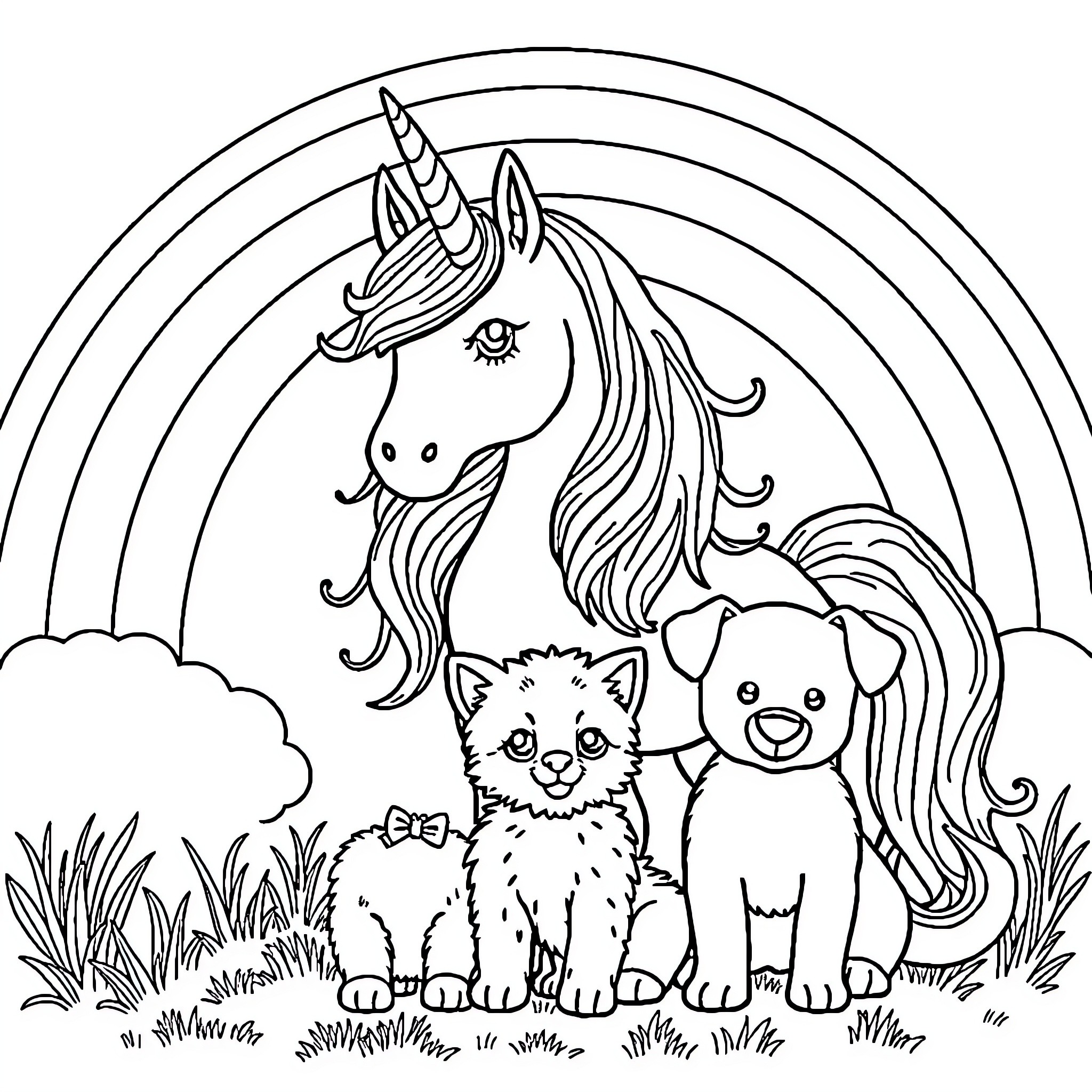 Unicorn and friends in a magical field Coloring Page (free black-and-white line drawing printable PDF for all, from beginners to advanced learners, including children, teens, adults, and seniors)