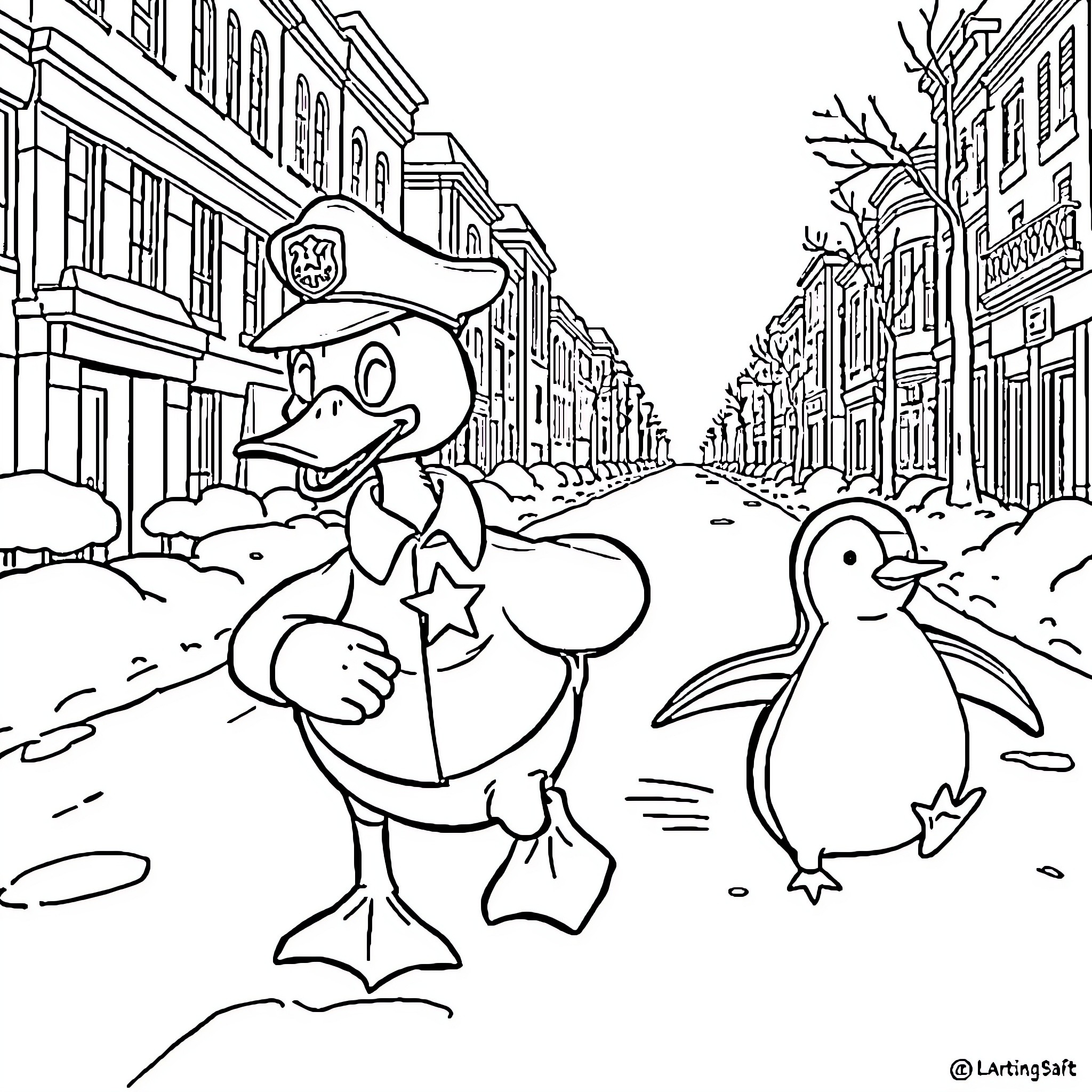 Duck Exploring the Snowy City with Penguin Companion Coloring Page (free black-and-white line drawing printable PDF for all, from beginners to advanced learners, including children, teens, adults, and seniors)