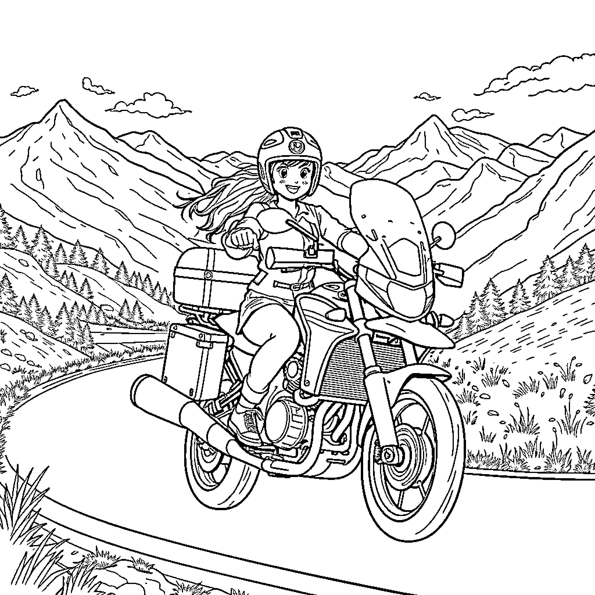 Girl riding motorcycle through mountain scenery Coloring Page (free black-and-white line drawing printable PDF for all, from beginners to advanced learners, including children, teens, adults, and seniors)