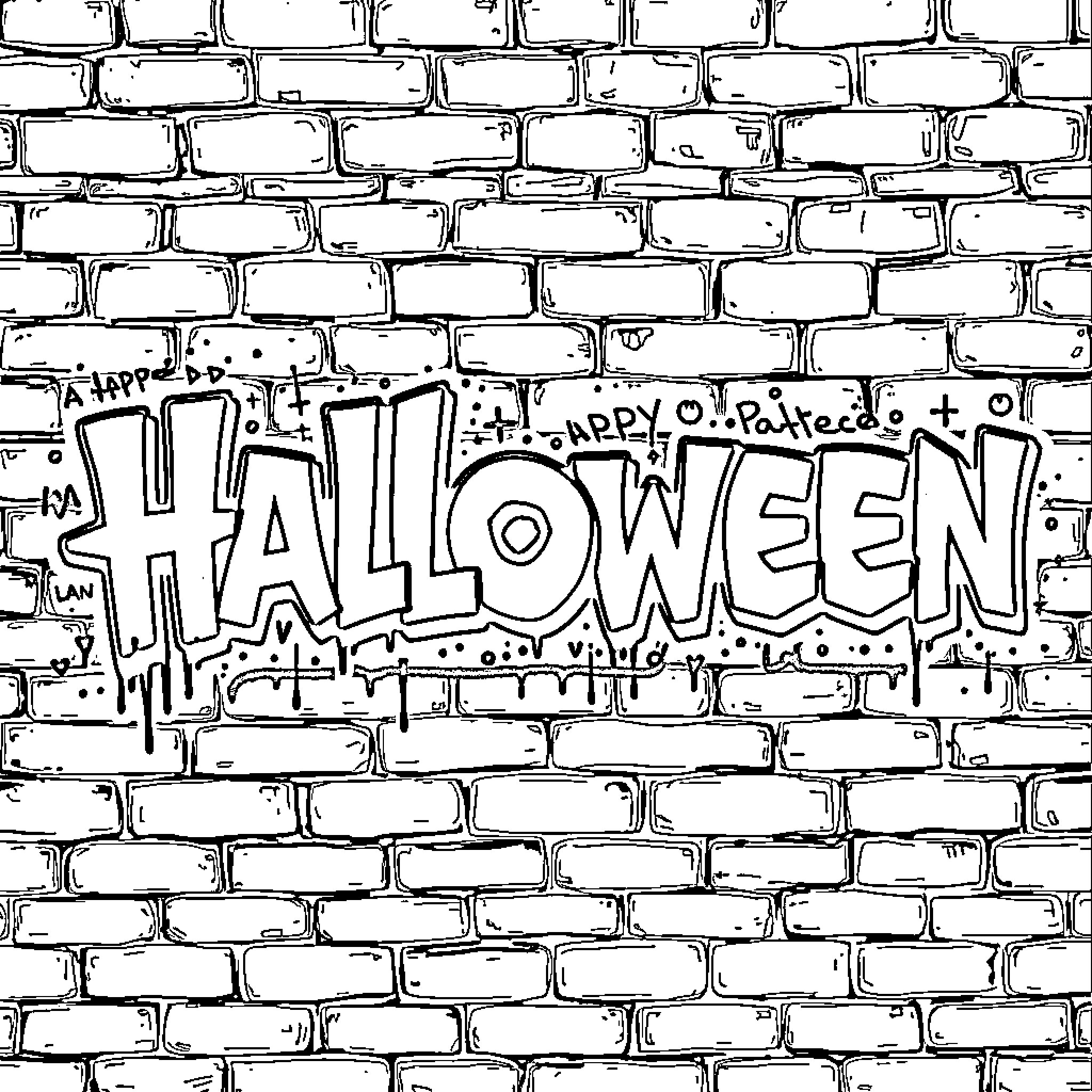 Halloween celebrations on brick wall Coloring Page (free black-and-white line drawing printable PDF for all, from beginners to advanced learners, including children, teens, adults, and seniors)