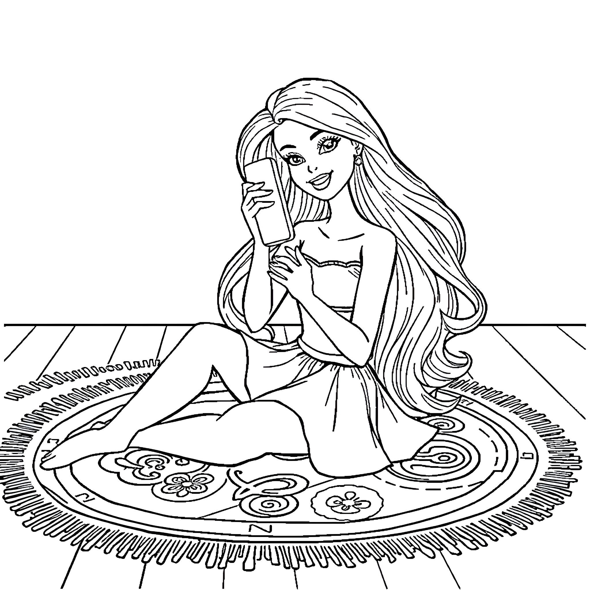 Barbie posing gracefully on a decorative rug Coloring Page (free black-and-white line drawing printable PDF for all, from beginners to advanced learners, including children, teens, adults, and seniors)