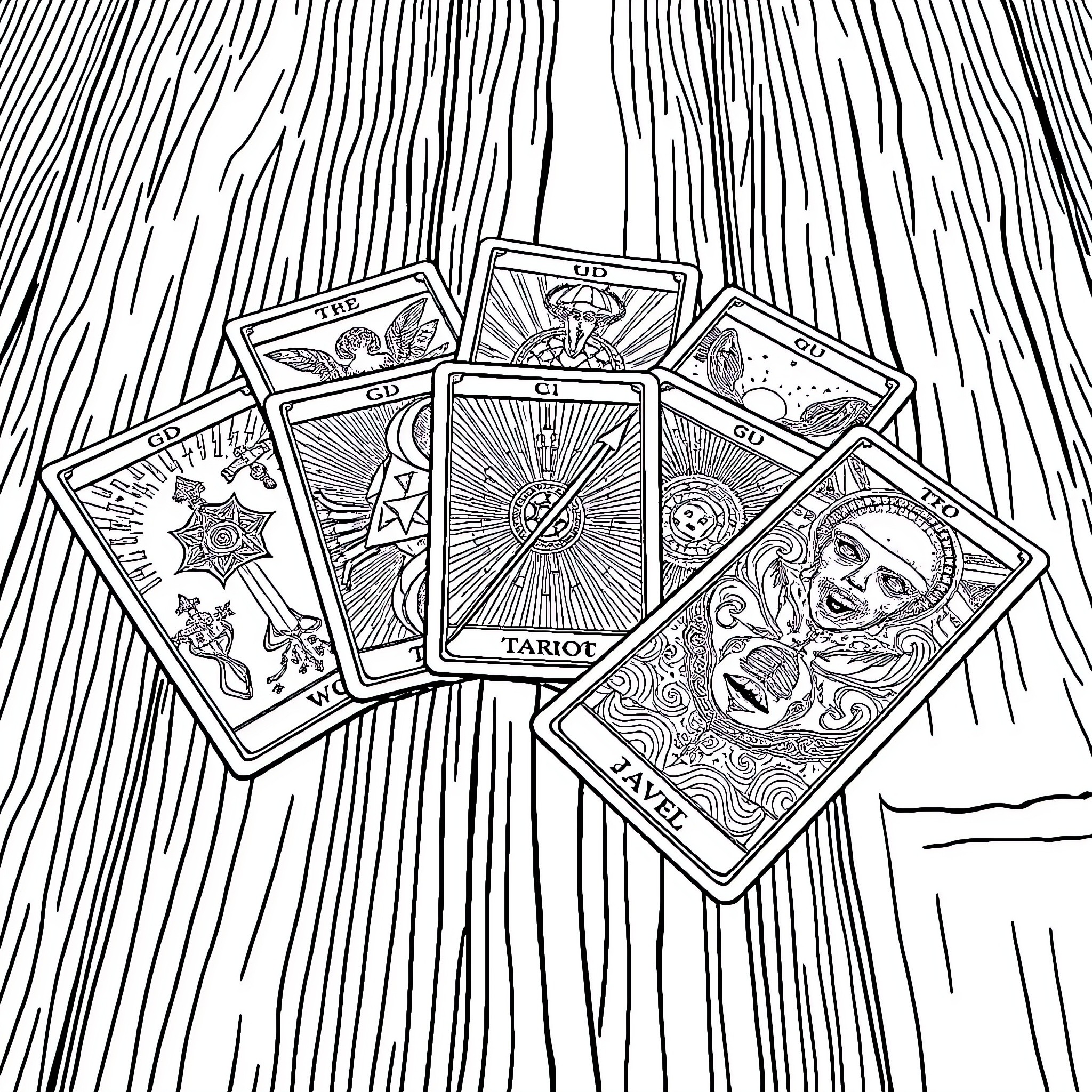 Tarot Card Deck Revealed on Wooden Surface Coloring Page (free black-and-white line drawing printable PDF for all, from beginners to advanced learners, including children, teens, adults, and seniors)