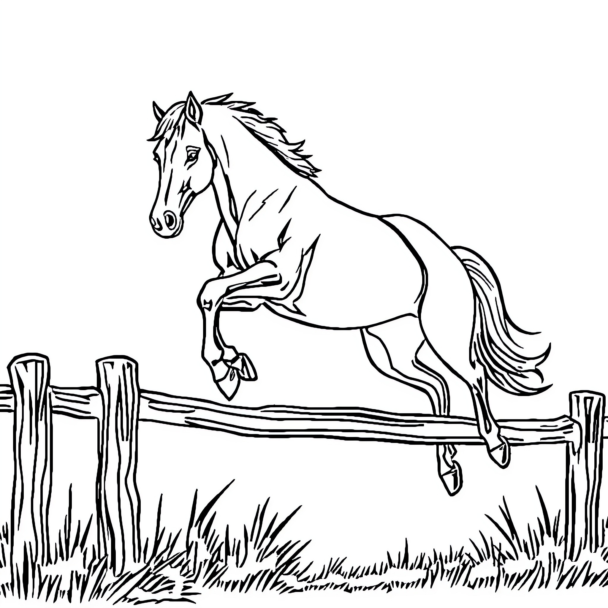 Horse jumping over wooden fence Coloring Page (free black-and-white line drawing printable PDF for all, from beginners to advanced learners, including children, teens, adults, and seniors)