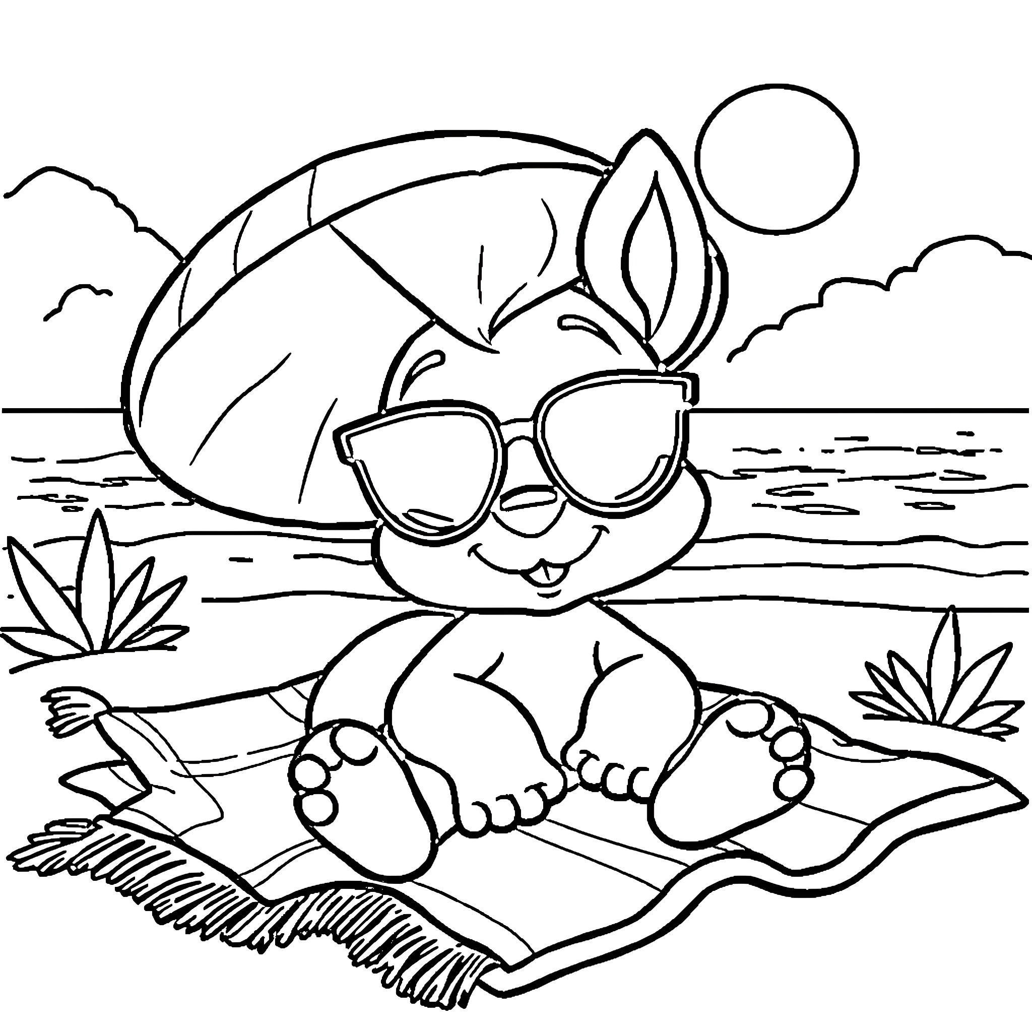 Lilo enjoying a sunny day at the beach Coloring Page (free black-and-white line drawing printable PDF for all, from beginners to advanced learners, including children, teens, adults, and seniors)