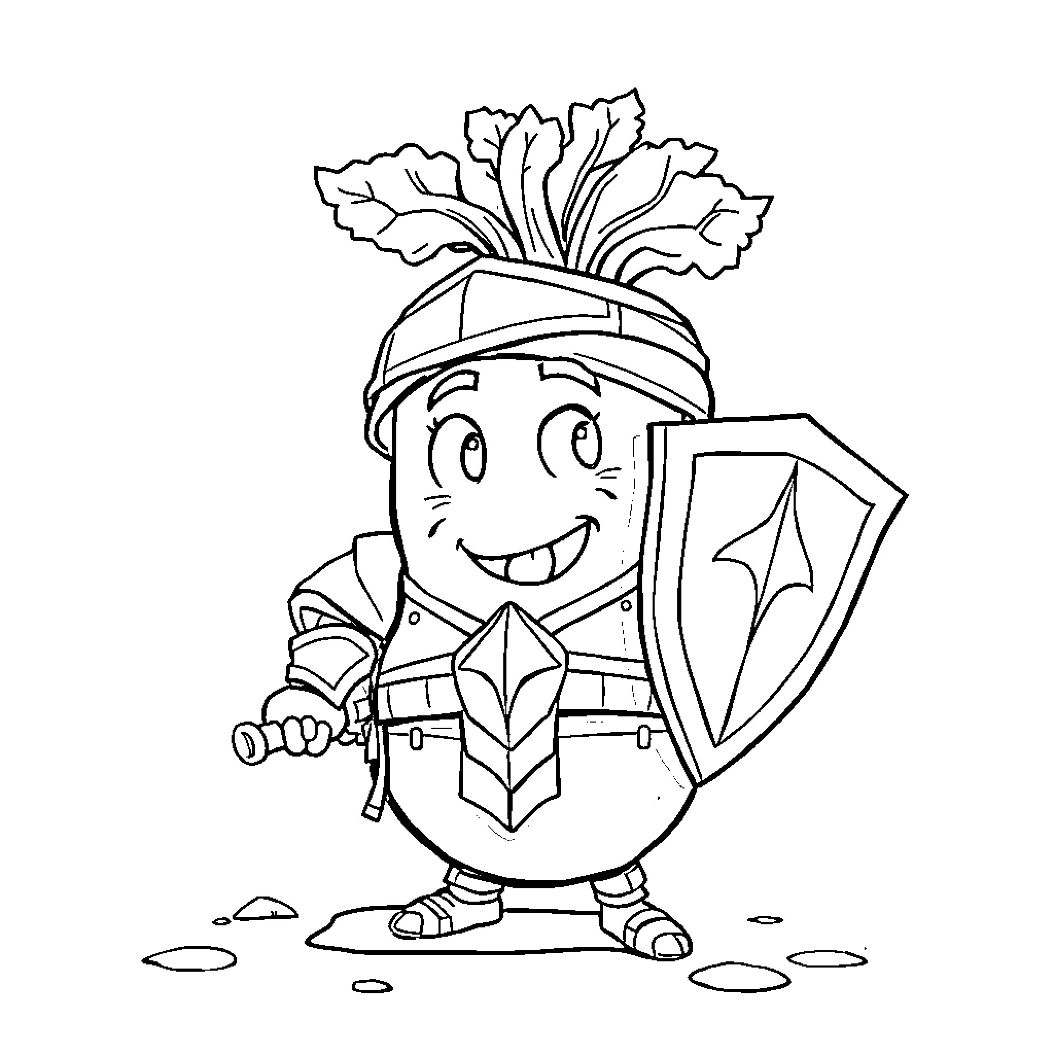 BROTATO Adventurous Vegetable Knight in Shining Armor Coloring Page (free black-and-white line drawing printable PDF for all, from beginners to advanced learners, including children, teens, adults, and seniors)