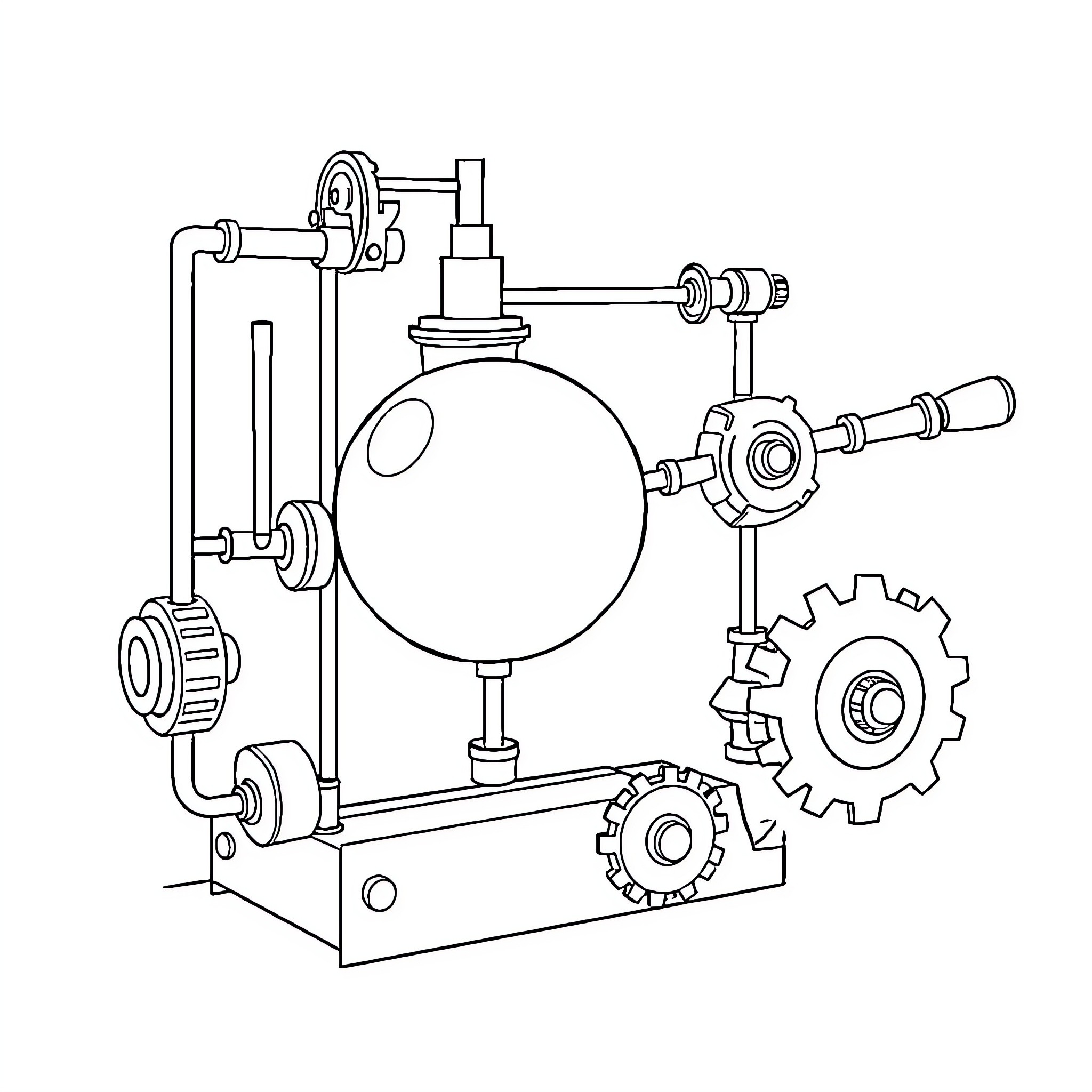 Rube Goldberg contraption with gears and mechanics Coloring Page (free black-and-white line drawing printable PDF for all, from beginners to advanced learners, including children, teens, adults, and seniors)