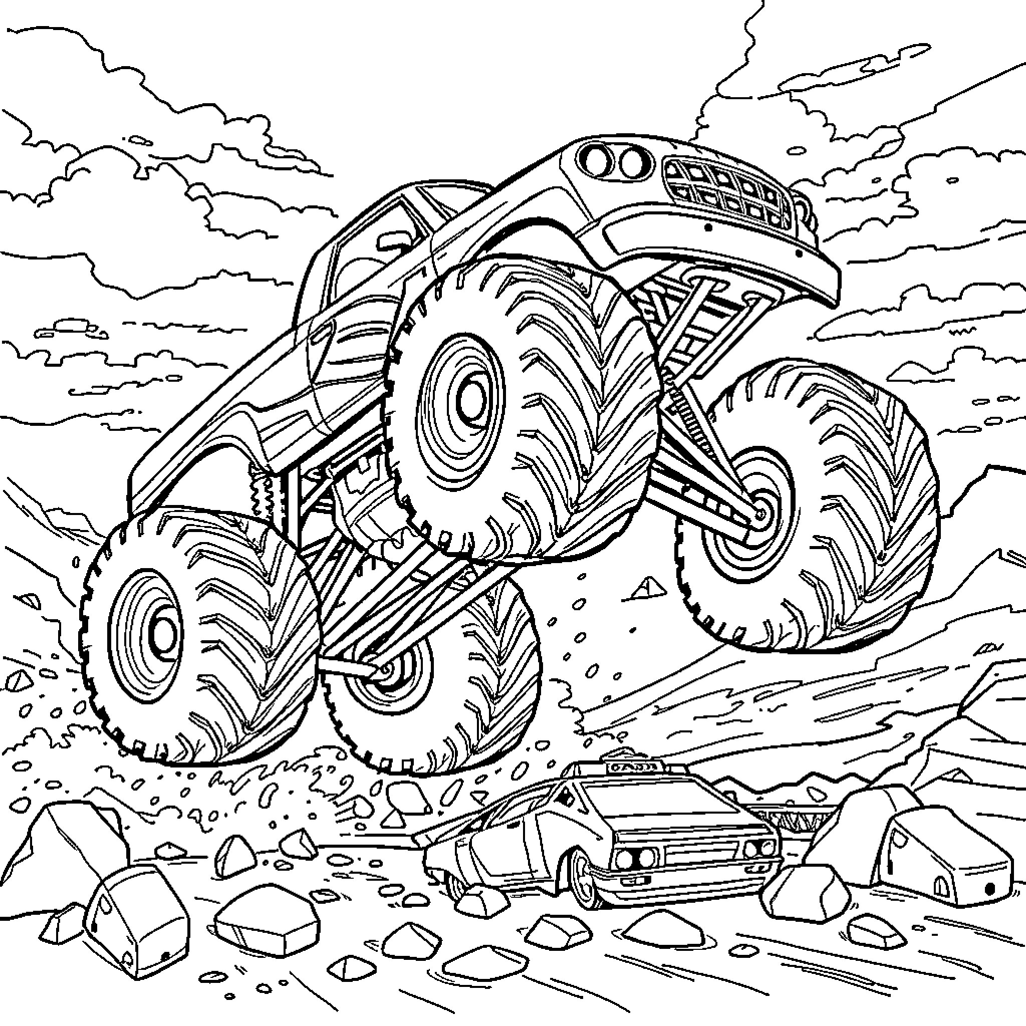 Monster Truck Soaring Over Rugged Terrain Coloring Page (free black-and-white line drawing printable PDF for all, from beginners to advanced learners, including children, teens, adults, and seniors)