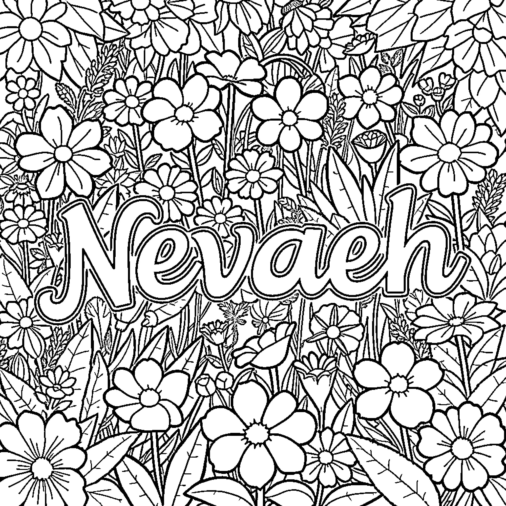 Nevaeh's Flower Garden Coloring Page Coloring Page (free black-and-white line drawing printable PDF for all, from beginners to advanced learners, including children, teens, adults, and seniors)