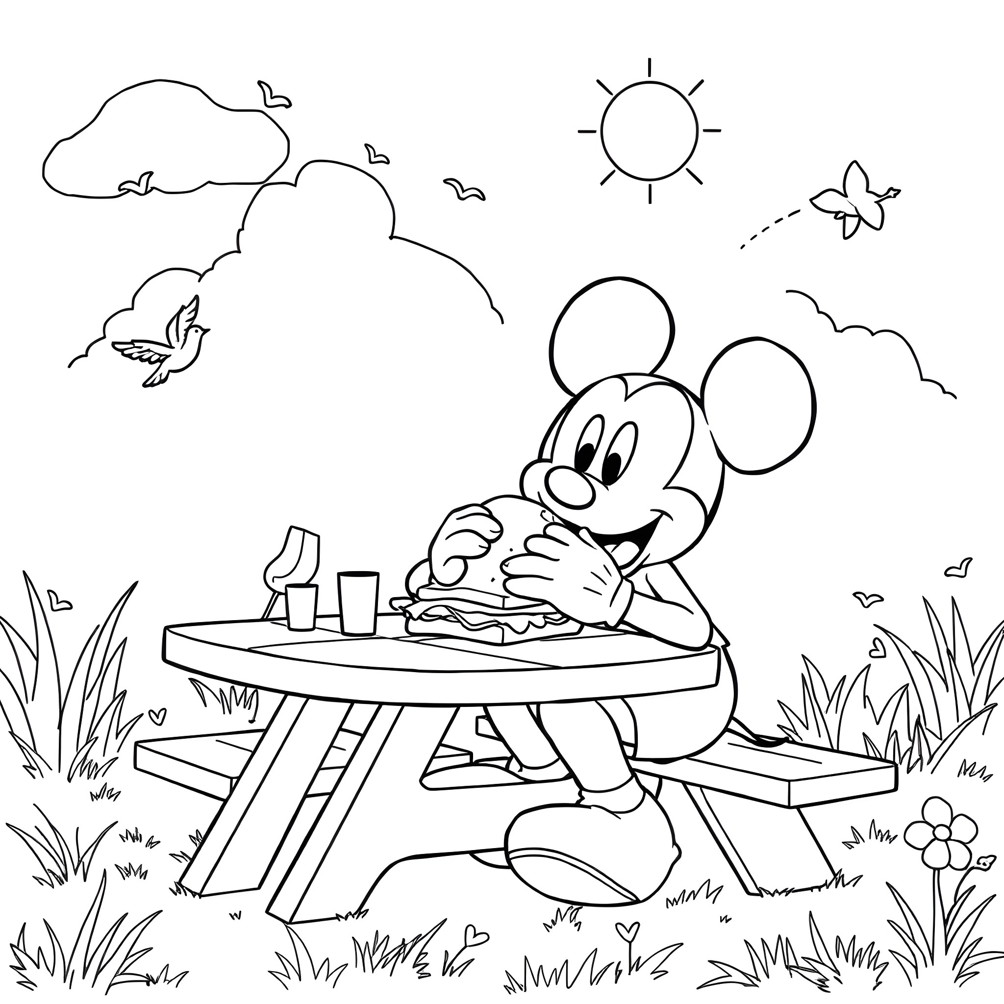 Mickey Mouse enjoying a picnic in the park Coloring Page (free black-and-white line drawing printable PDF for all, from beginners to advanced learners, including children, teens, adults, and seniors)