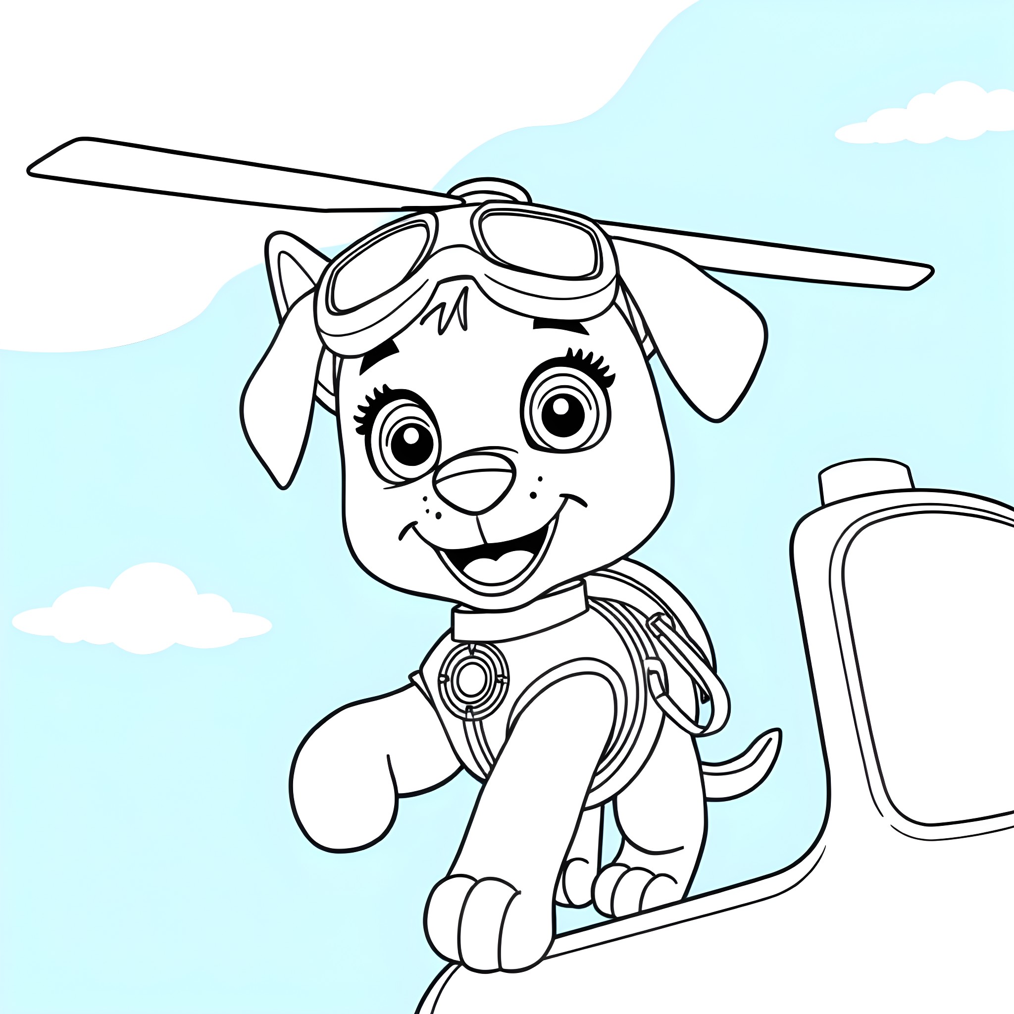 Puppy flying with propeller hat in the sky Coloring Page (free black-and-white line drawing printable PDF for all, from beginners to advanced learners, including children, teens, adults, and seniors)