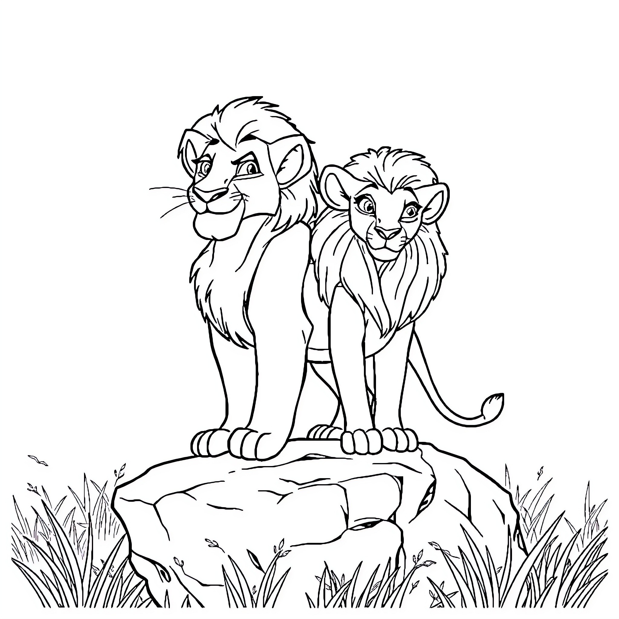 Lion cubs standing atop a rocky outcrop Coloring Page (free black-and-white line drawing printable PDF for all, from beginners to advanced learners, including children, teens, adults, and seniors)