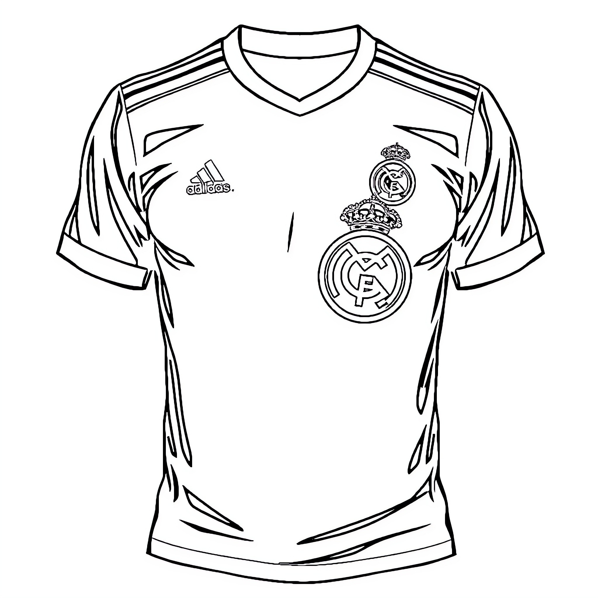 Real Madrid Football Club Jersey Design Coloring Page (free black-and-white line drawing printable PDF for all, from beginners to advanced learners, including children, teens, adults, and seniors)