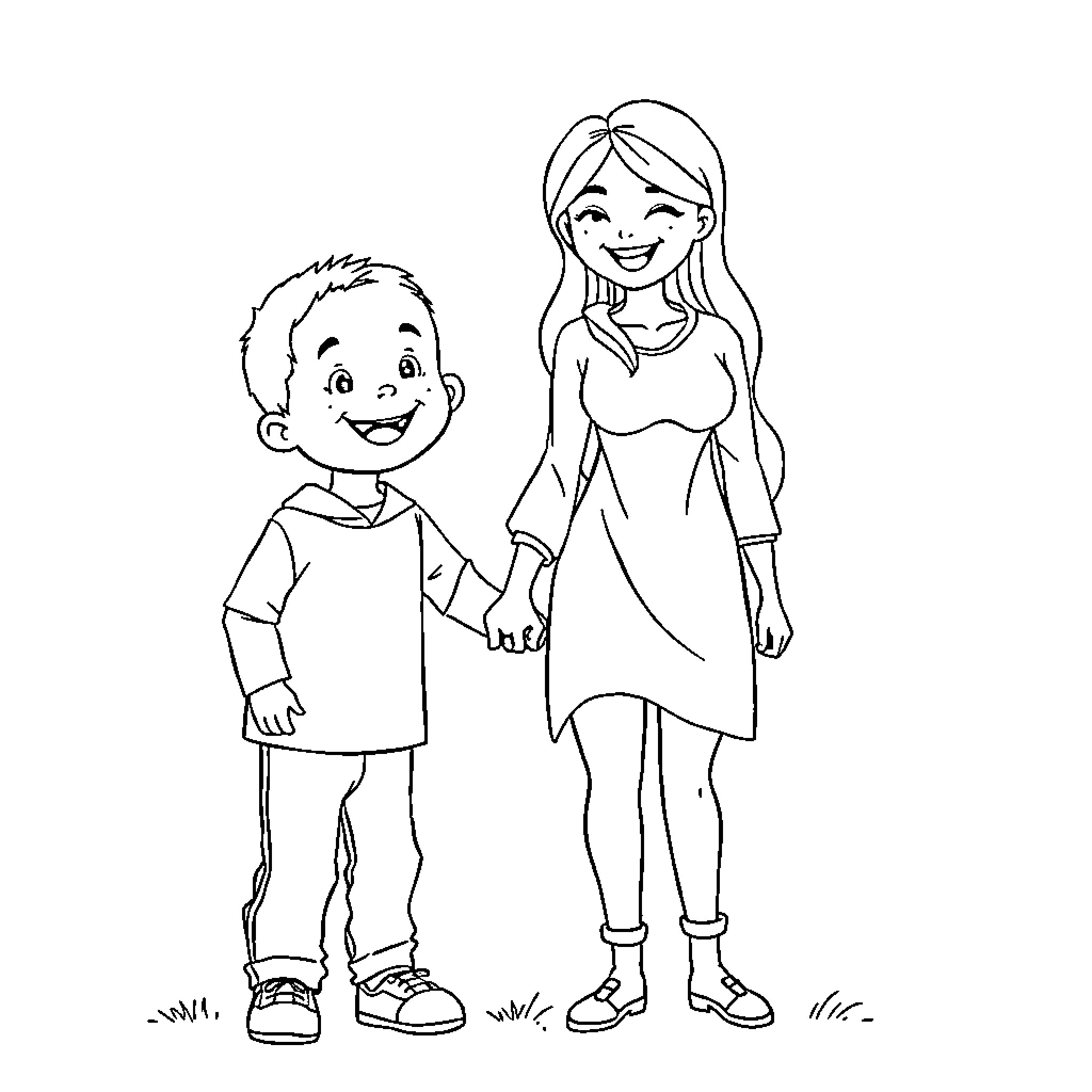 Boy and Girl Sharing a Happy Moment Coloring Page (free black-and-white line drawing printable PDF for all, from beginners to advanced learners, including children, teens, adults, and seniors)