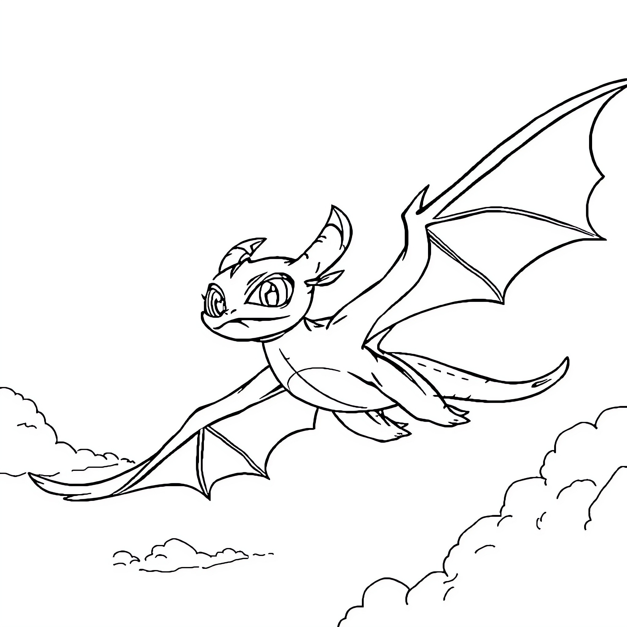 Toothless dragon soaring through the skies Coloring Page (free black-and-white line drawing printable PDF for all, from beginners to advanced learners, including children, teens, adults, and seniors)