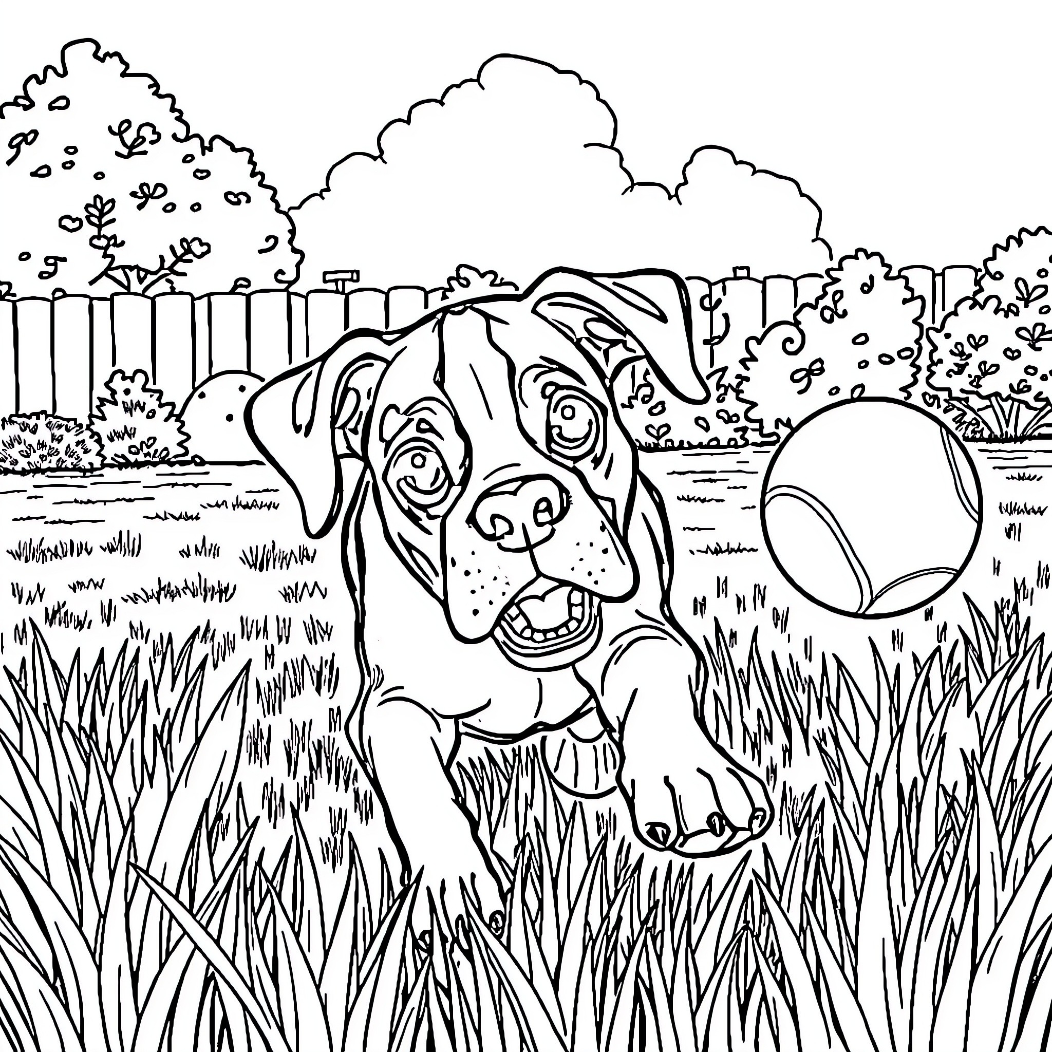 Boxer dog playing with ball in backyard Coloring Page (free black-and-white line drawing printable PDF for all, from beginners to advanced learners, including children, teens, adults, and seniors)