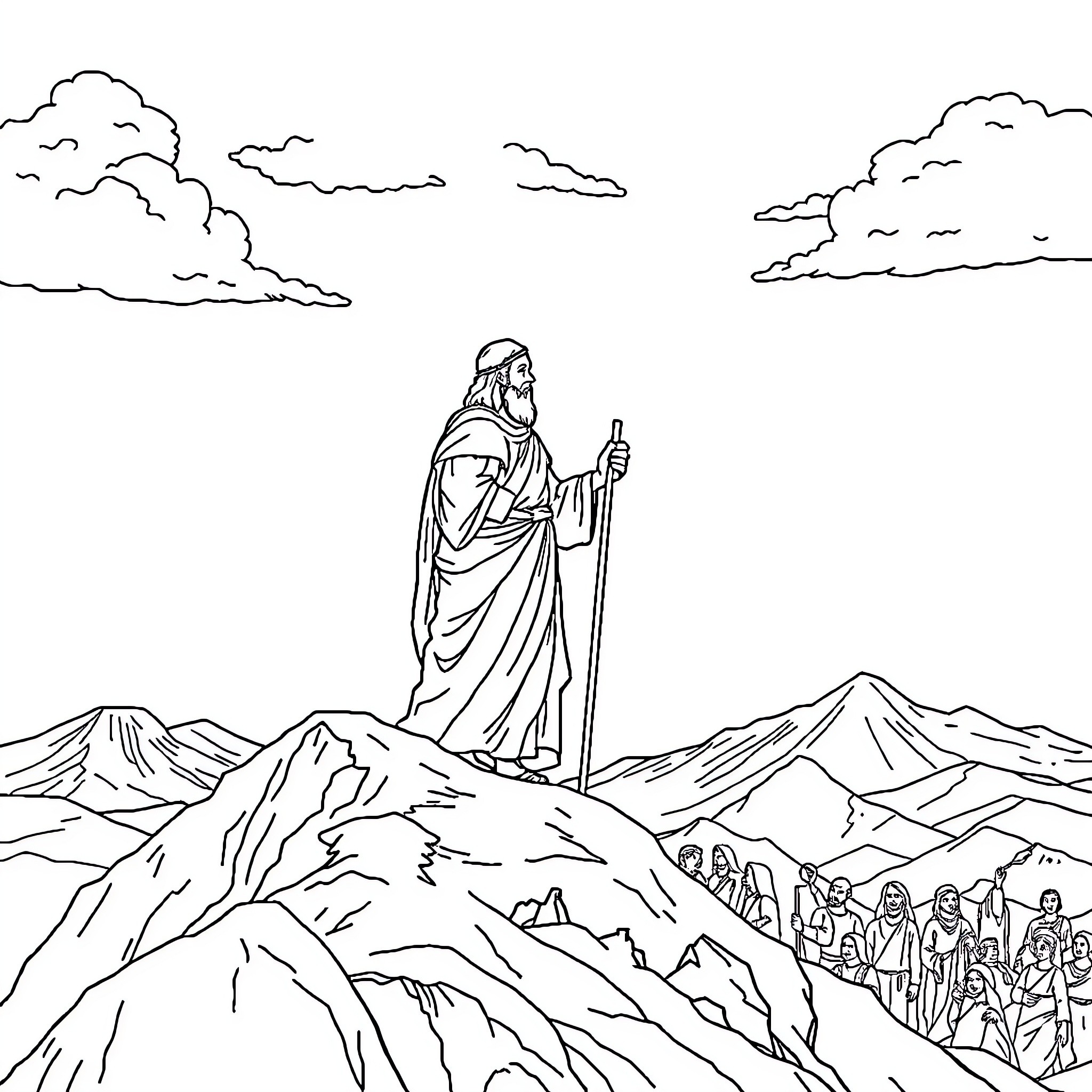 Moses Guiding the Israelites Through the Mountains Coloring Page (free black-and-white line drawing printable PDF for all, from beginners to advanced learners, including children, teens, adults, and seniors)