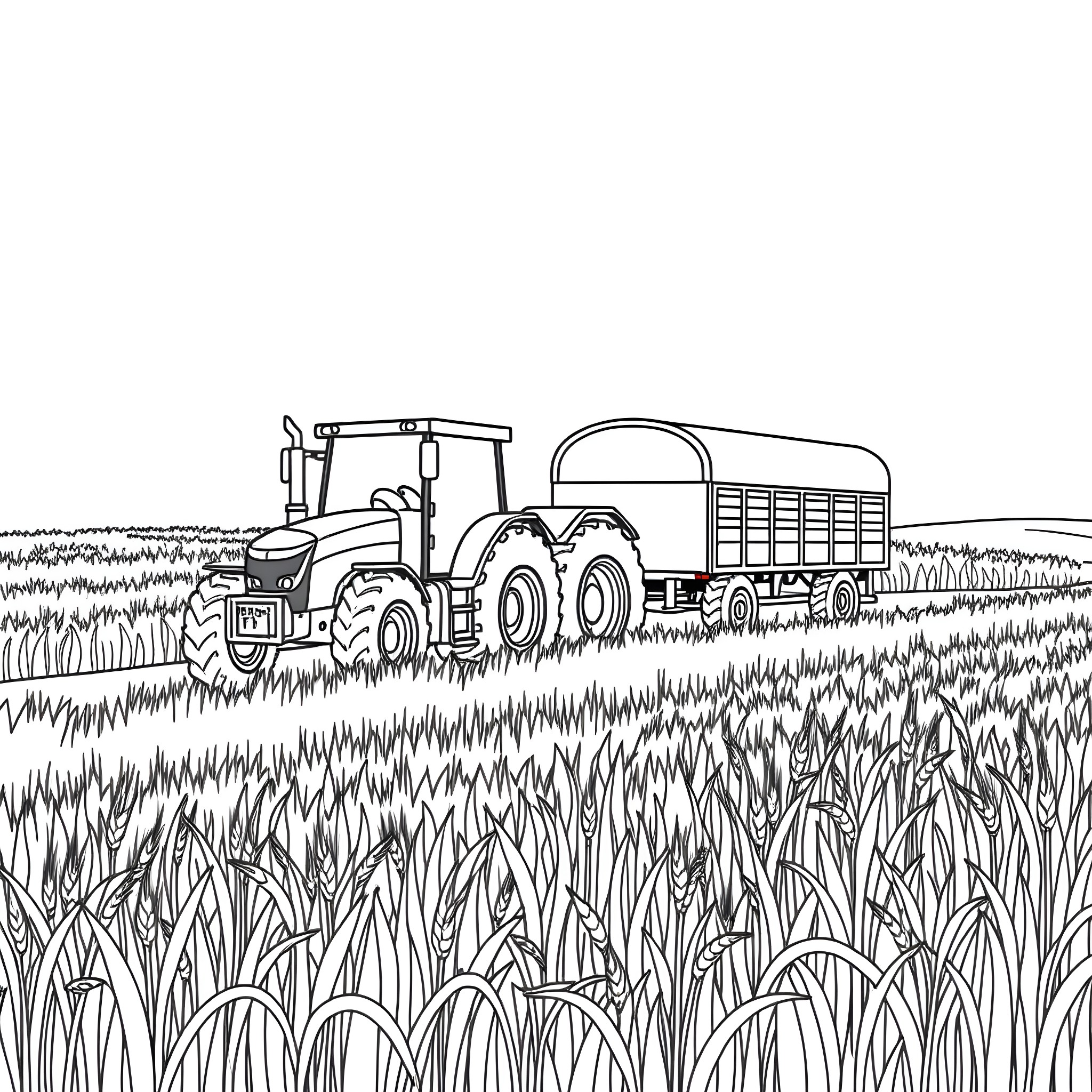 Tractor working in a field with a trailer Coloring Page (free black-and-white line drawing printable PDF for all, from beginners to advanced learners, including children, teens, adults, and seniors)