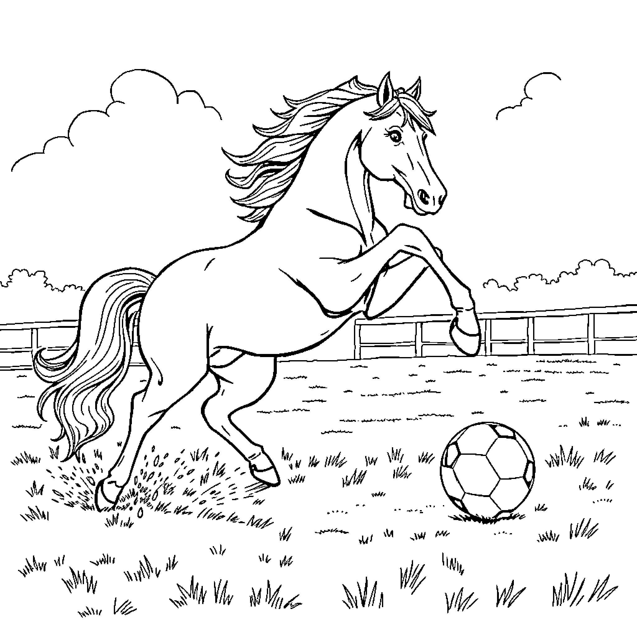 Horse playing happily with soccer ball in the field Coloring Page (free black-and-white line drawing printable PDF for all, from beginners to advanced learners, including children, teens, adults, and seniors)