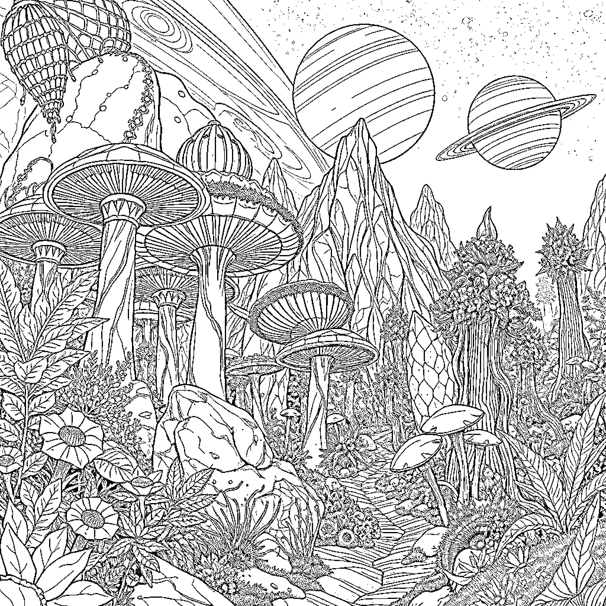 Alien Forest with Whimsical Mushrooms and Celestial Planets Coloring Page (free black-and-white line drawing printable PDF for all, from beginners to advanced learners, including children, teens, adults, and seniors)