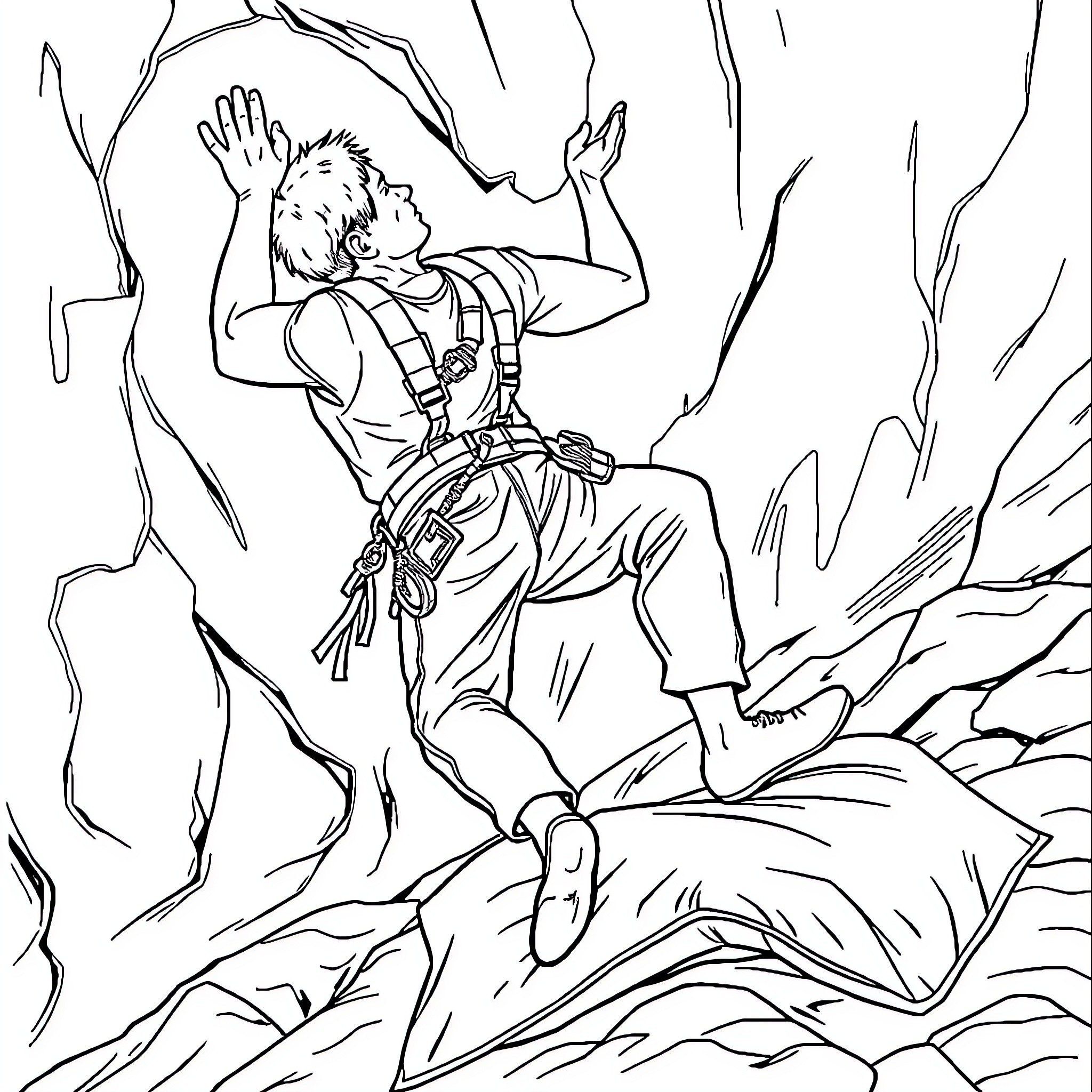 Bouldering adventure through rocky terrain Coloring Page (free black-and-white line drawing printable PDF for all, from beginners to advanced learners, including children, teens, adults, and seniors)