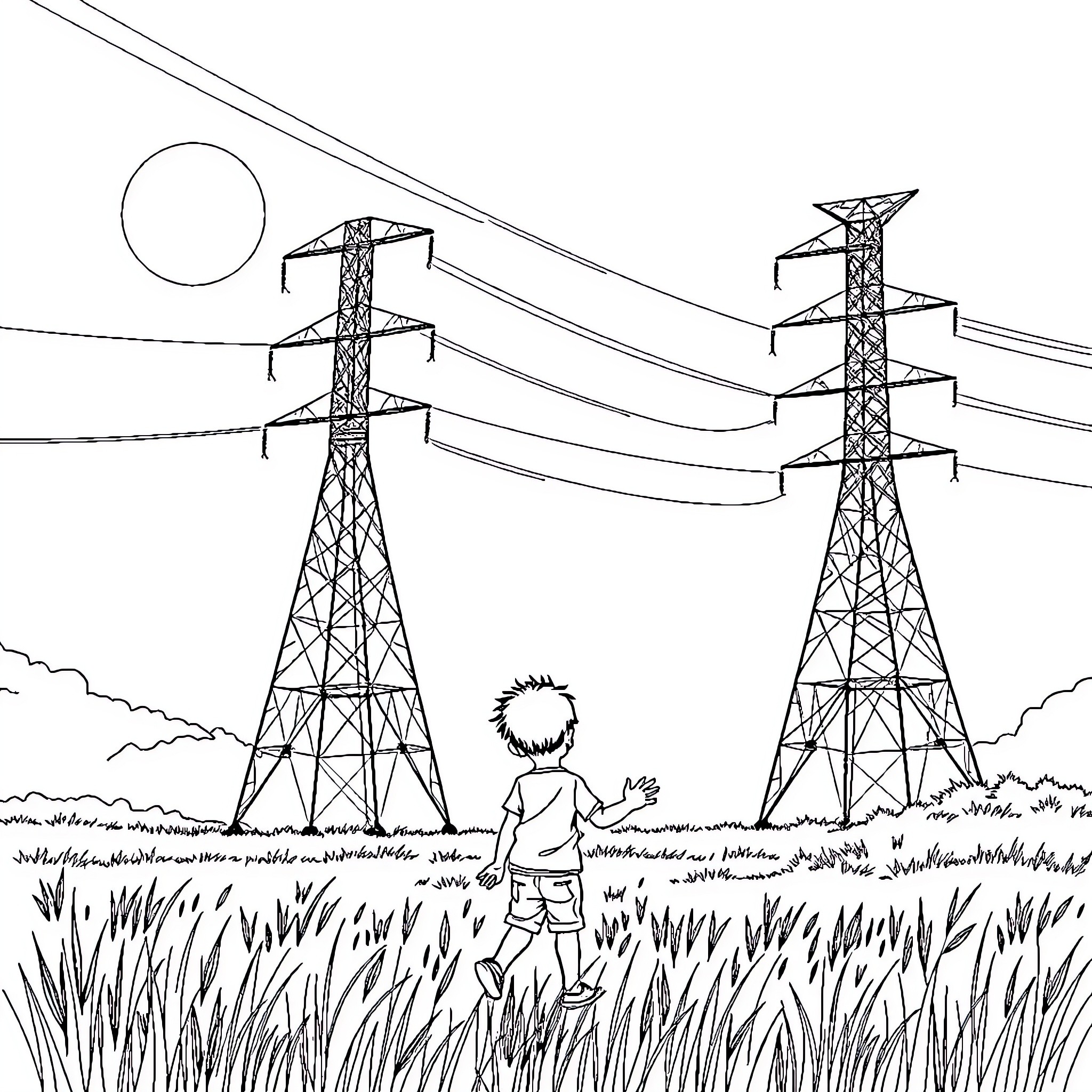 Boy exploring the power grid landscape Coloring Page (free black-and-white line drawing printable PDF for all, from beginners to advanced learners, including children, teens, adults, and seniors)