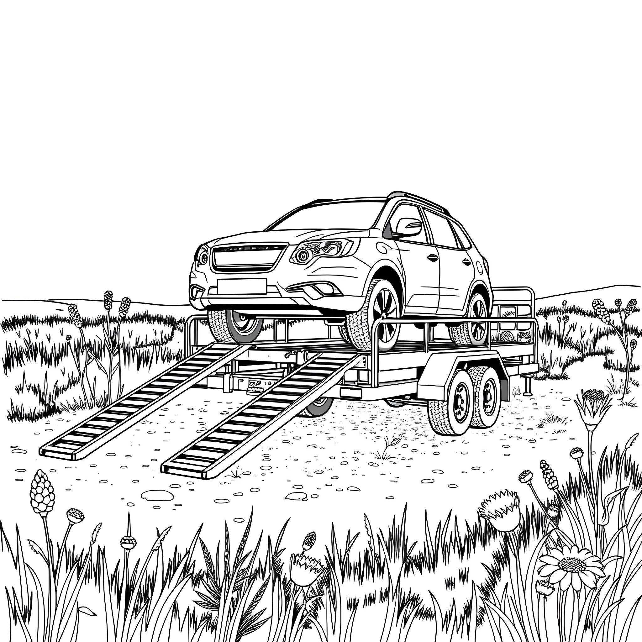 Car Trailer Transporting Vehicle on the Countryside Road Coloring Page (free black-and-white line drawing printable PDF for all, from beginners to advanced learners, including children, teens, adults, and seniors)
