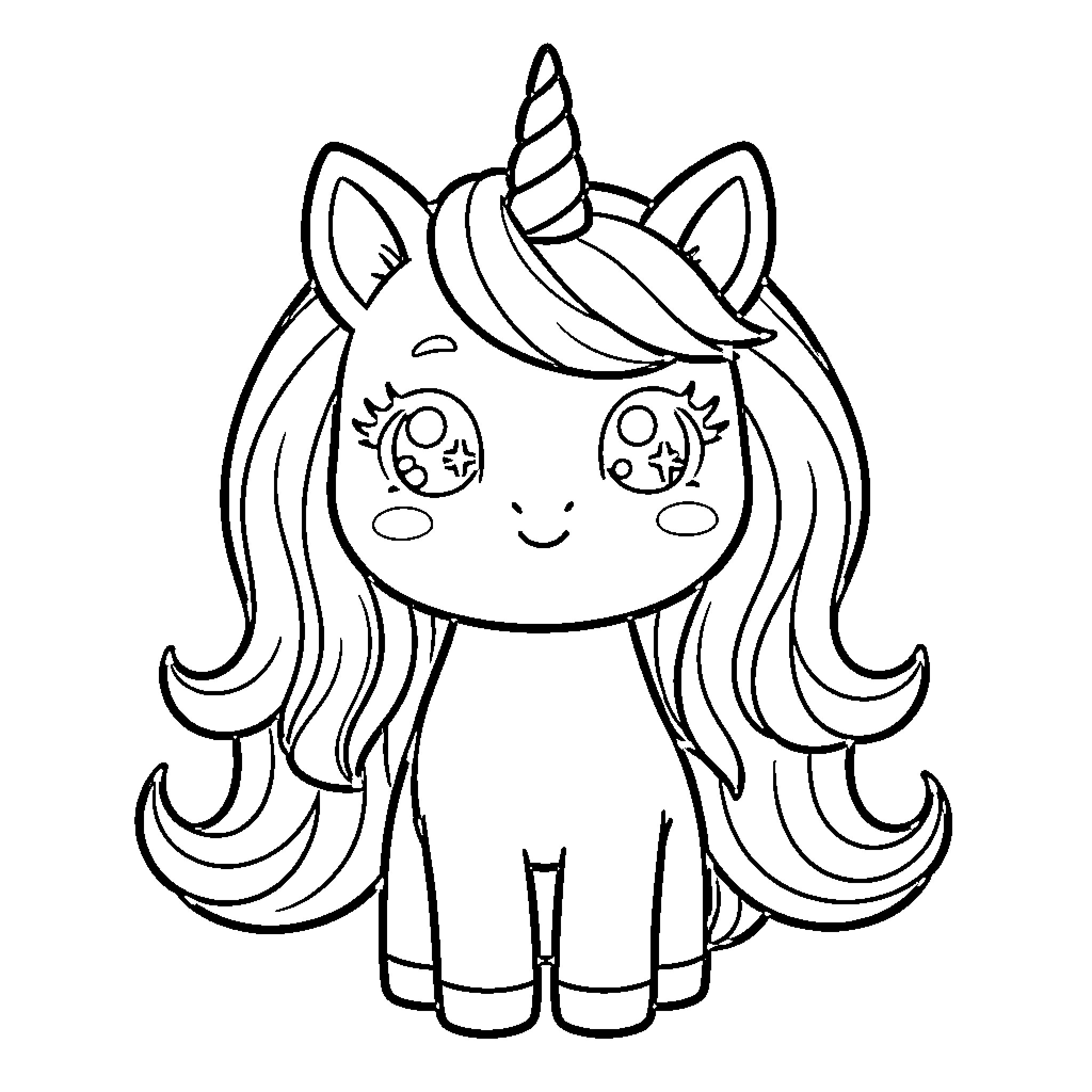 Unicorn with Cheerful Expression and Flowing Mane Coloring Page (free black-and-white line drawing printable PDF for all, from beginners to advanced learners, including children, teens, adults, and seniors)