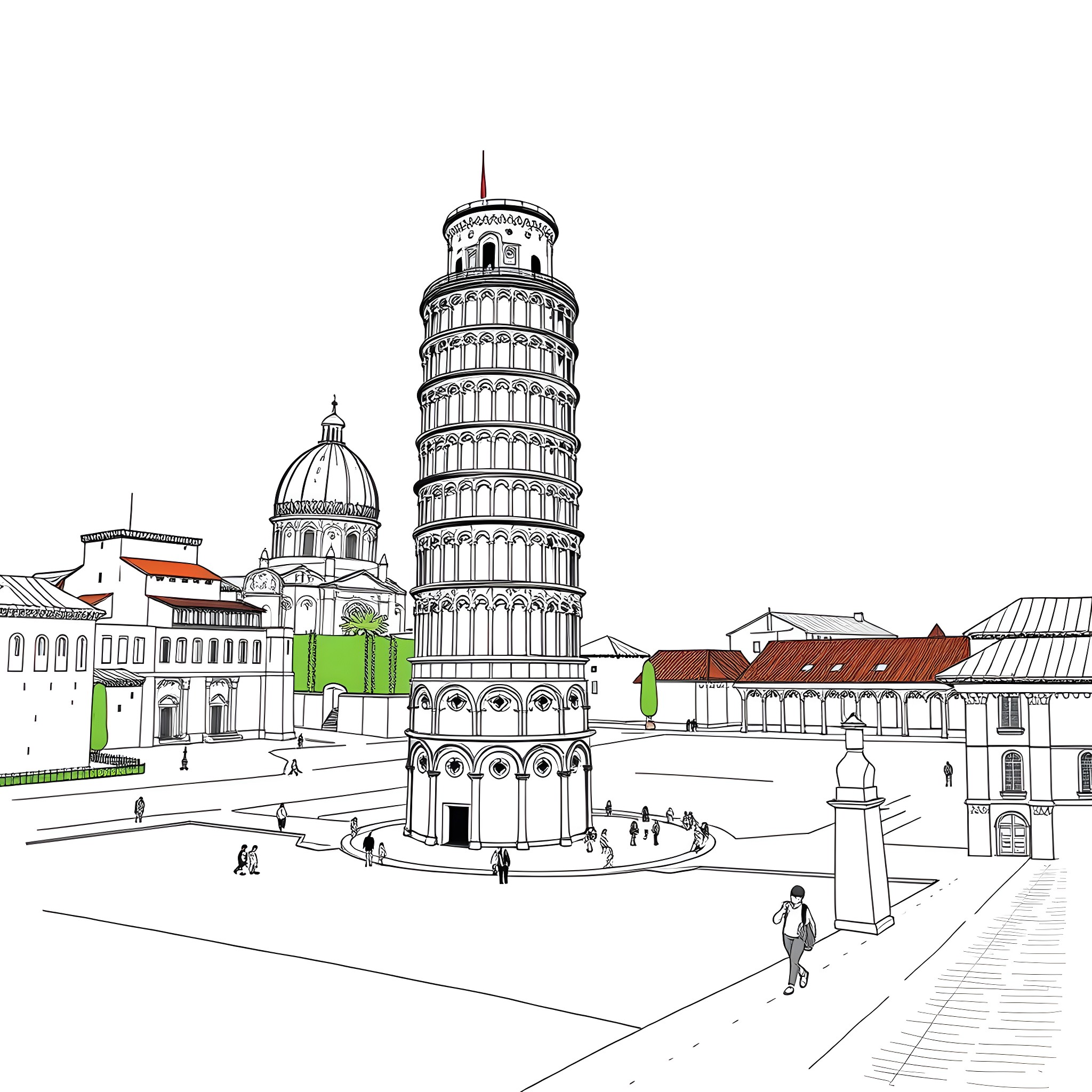 Leaning Tower Of Pisa with people in the plaza Coloring Page (free black-and-white line drawing printable PDF for all, from beginners to advanced learners, including children, teens, adults, and seniors)