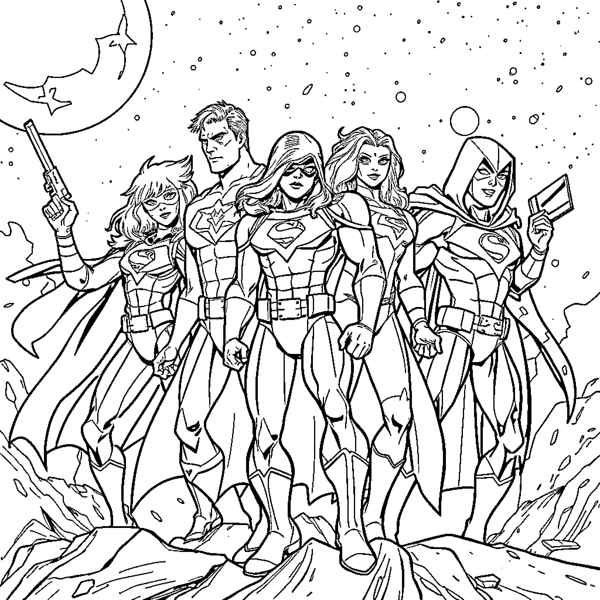 Super Patrol Heroic Team Stands Ready for Action Coloring Page (free black-and-white line drawing printable PDF for all, from beginners to advanced learners, including children, teens, adults, and seniors)