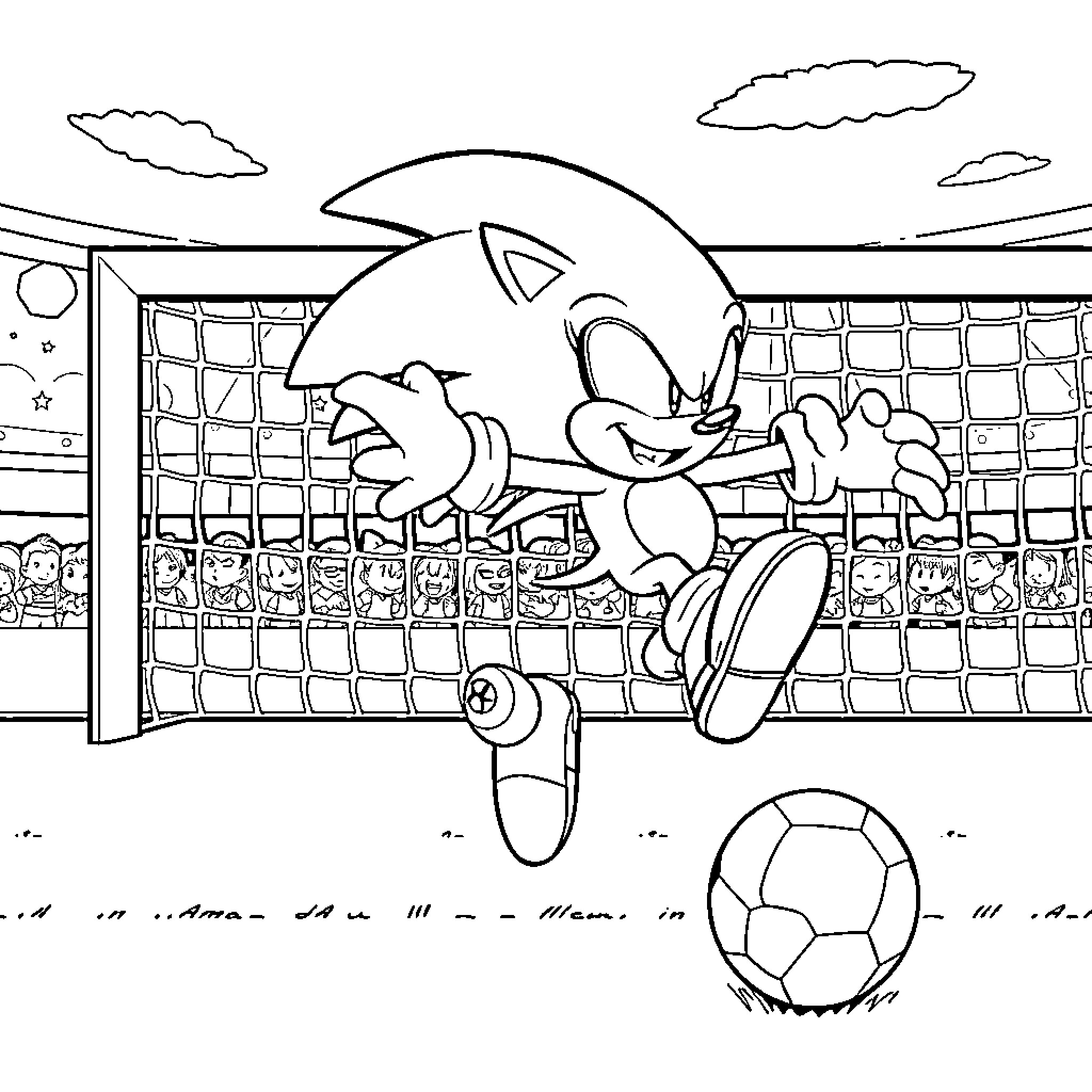 Sonic the Hedgehog plays soccer in stadium Coloring Page (free black-and-white line drawing printable PDF for all, from beginners to advanced learners, including children, teens, adults, and seniors)
