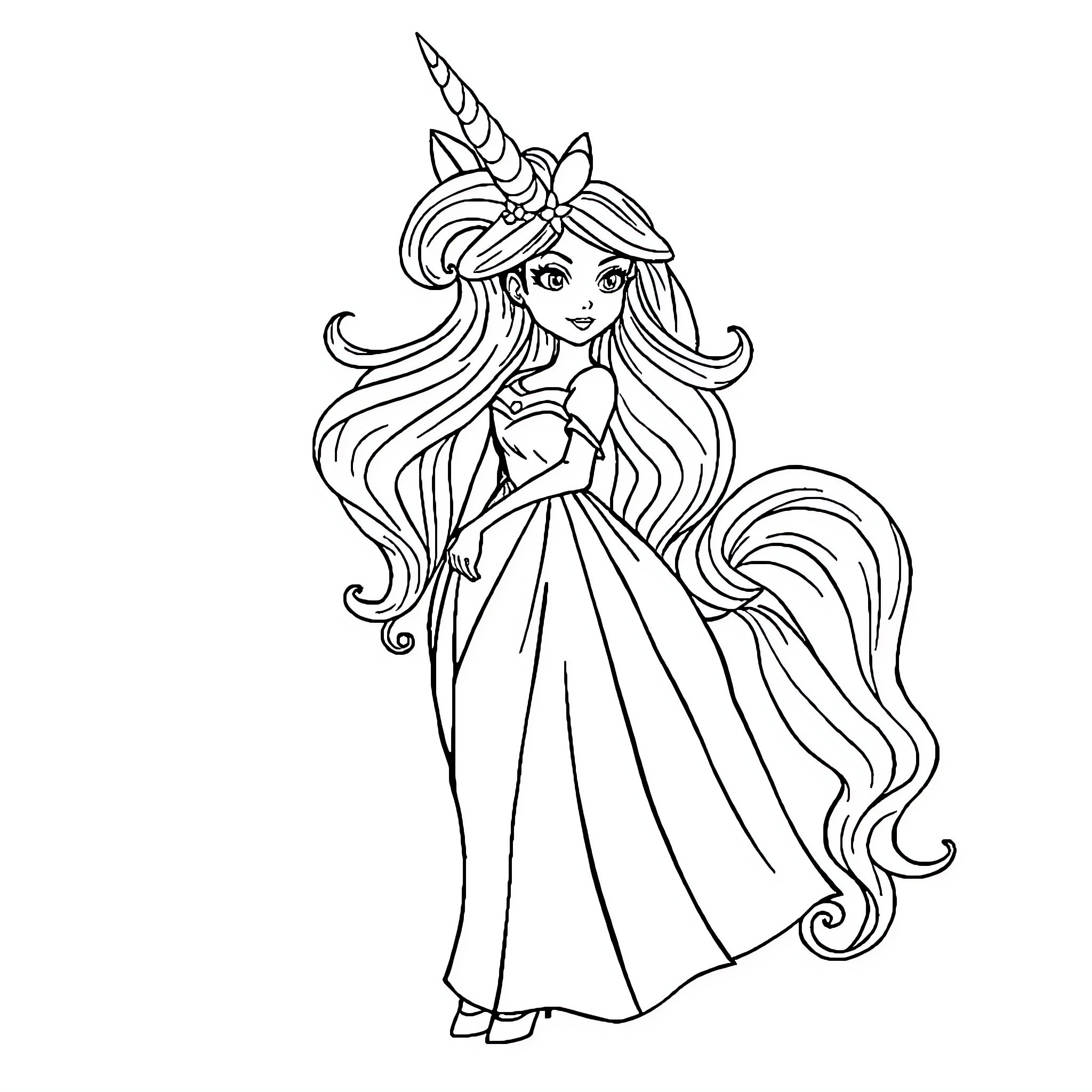 Unicorn Princess in Flowing Dress Coloring Page (free black-and-white line drawing printable PDF for all, from beginners to advanced learners, including children, teens, adults, and seniors)