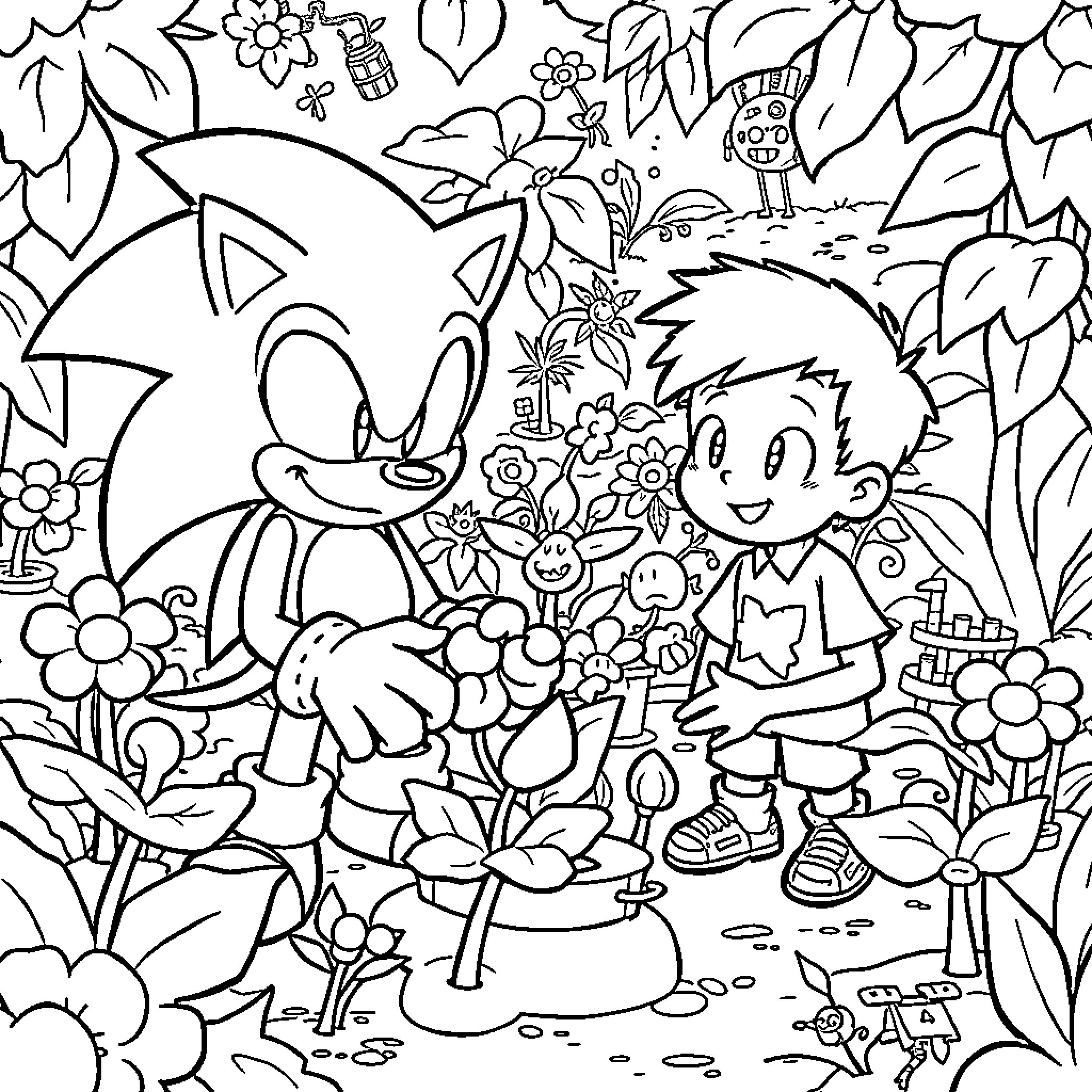 Sonic and Friends Explore the Colorful Forest Coloring Page (free black-and-white line drawing printable PDF for all, from beginners to advanced learners, including children, teens, adults, and seniors)
