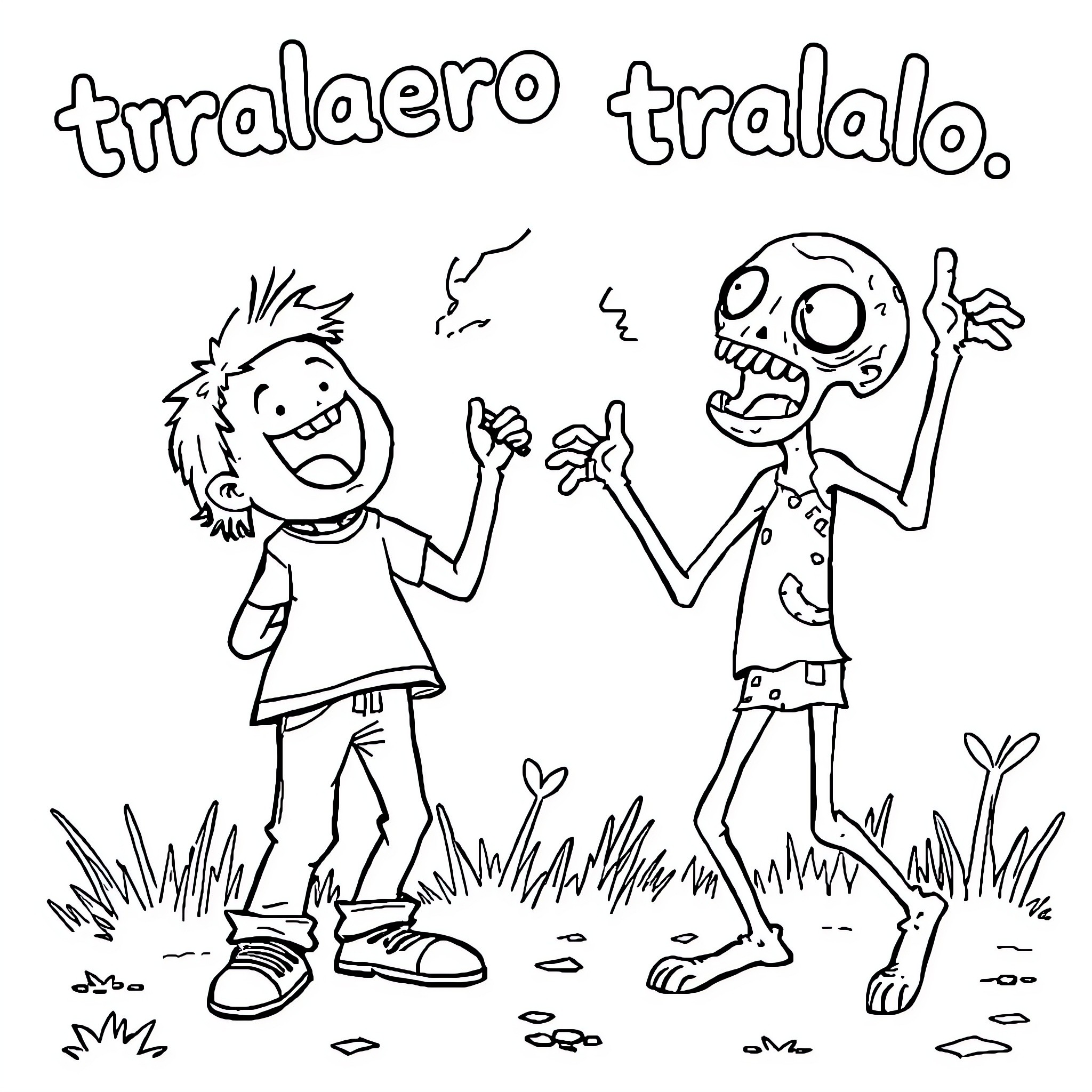 Zombie kids dancing and celebrating Coloring Page (free black-and-white line drawing printable PDF for all, from beginners to advanced learners, including children, teens, adults, and seniors)