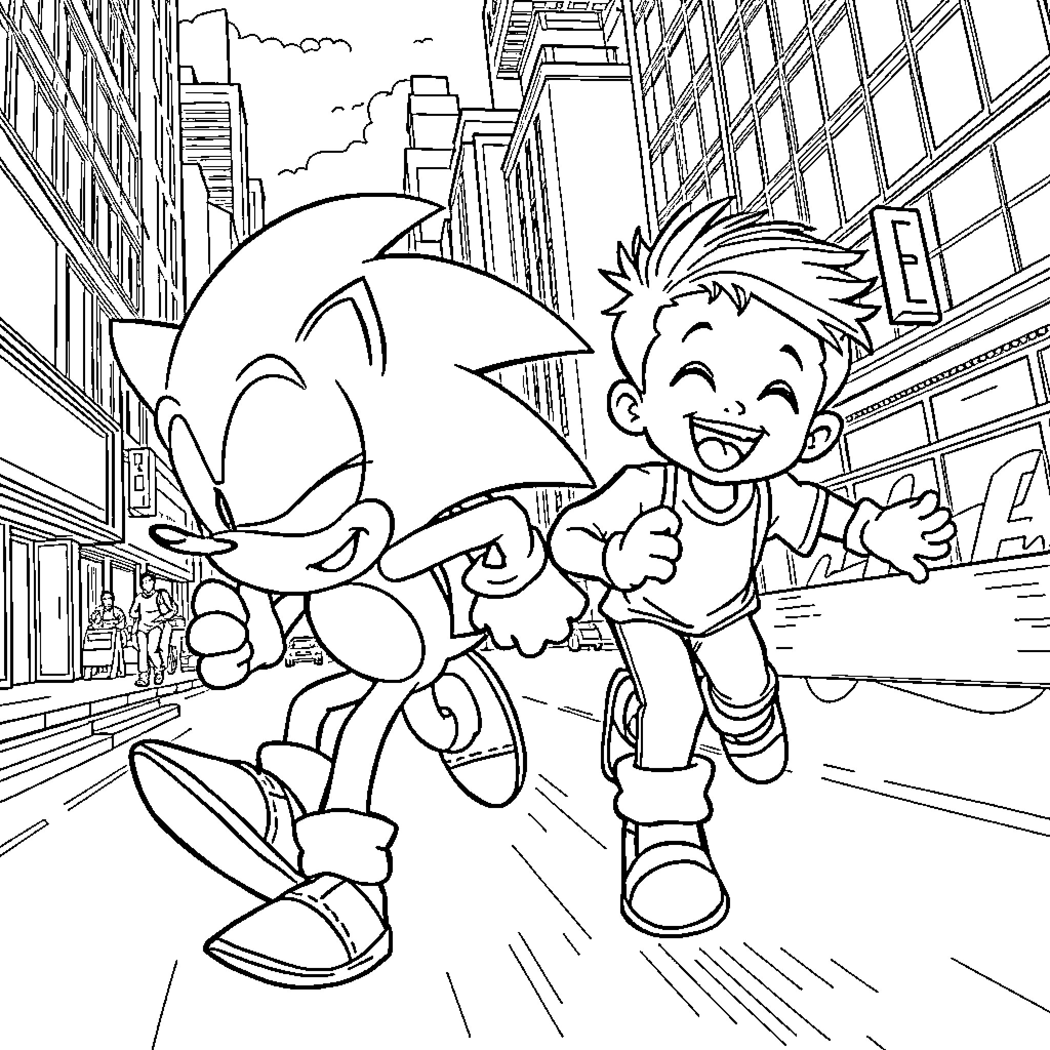 Sonic and Boy Running Through City Streets Coloring Page (free black-and-white line drawing printable PDF for all, from beginners to advanced learners, including children, teens, adults, and seniors)