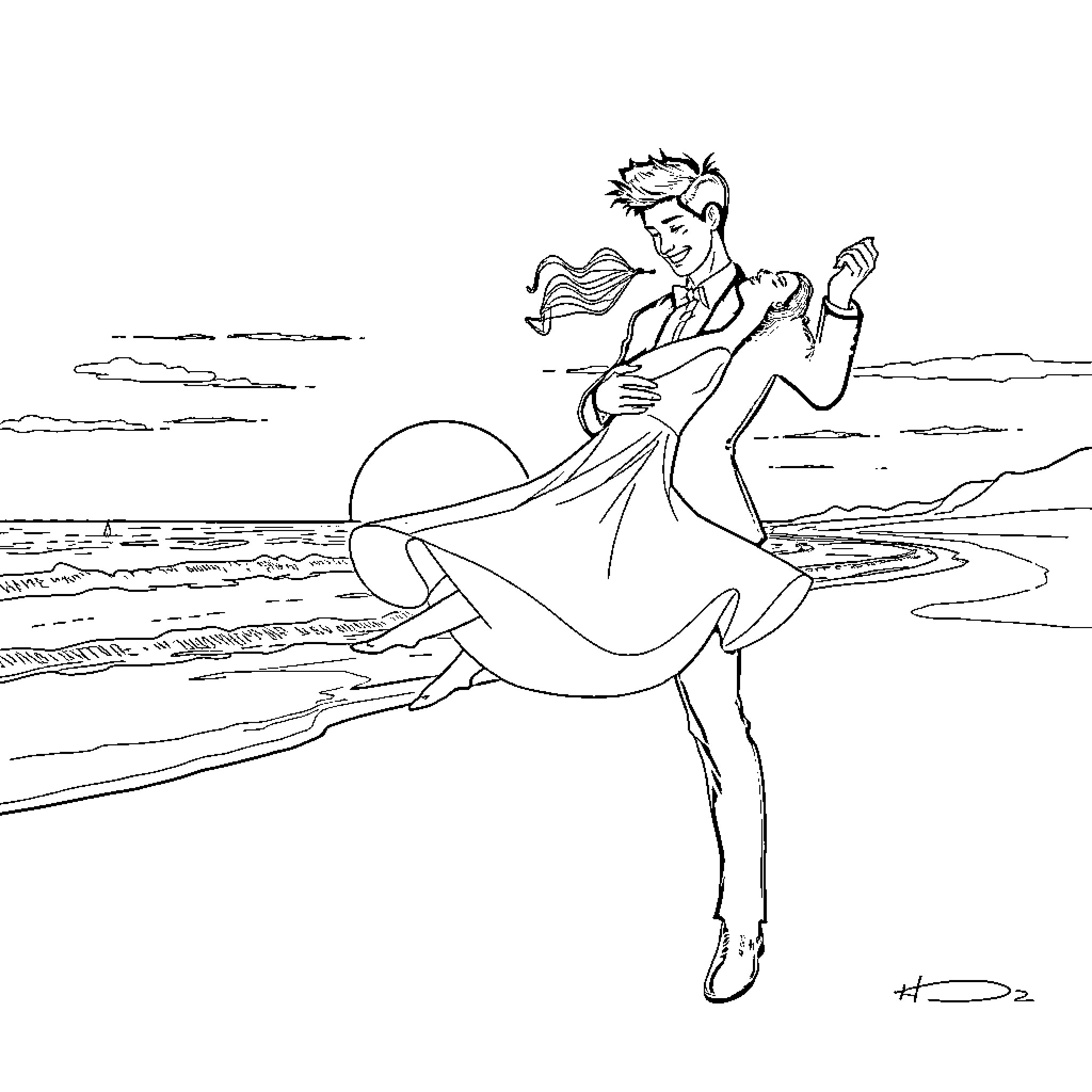 Boy dancing joyfully on the beach at sunset Coloring Page (free black-and-white line drawing printable PDF for all, from beginners to advanced learners, including children, teens, adults, and seniors)