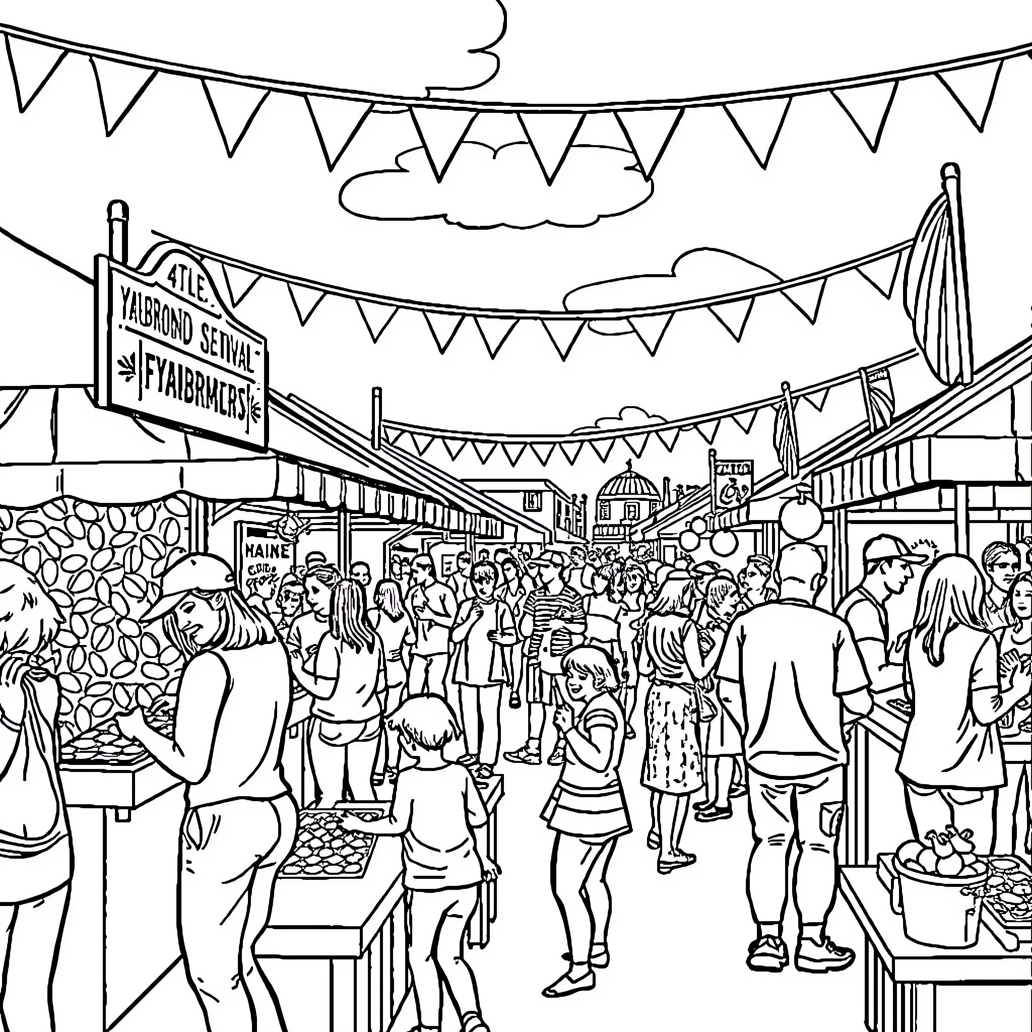 Clam Festive Marketplace Bustling with Crowds Coloring Page (free black-and-white line drawing printable PDF for all, from beginners to advanced learners, including children, teens, adults, and seniors)