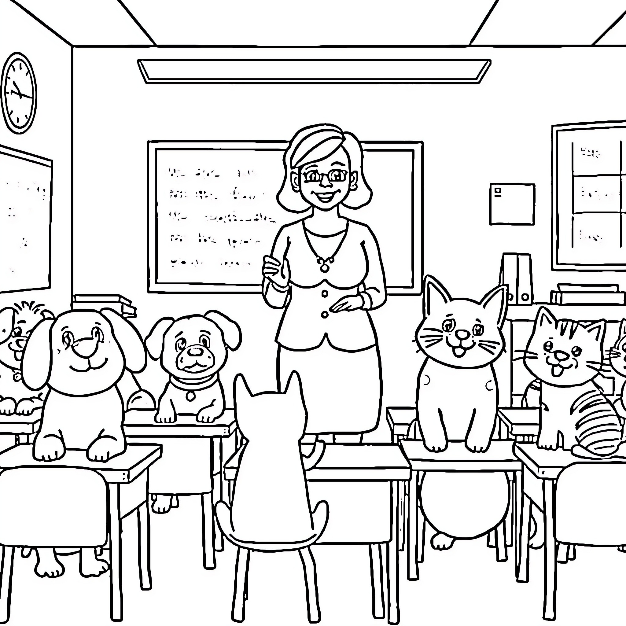 Pet Classroom with Teacher and Animals Coloring Page (free black-and-white line drawing printable PDF for all, from beginners to advanced learners, including children, teens, adults, and seniors)
